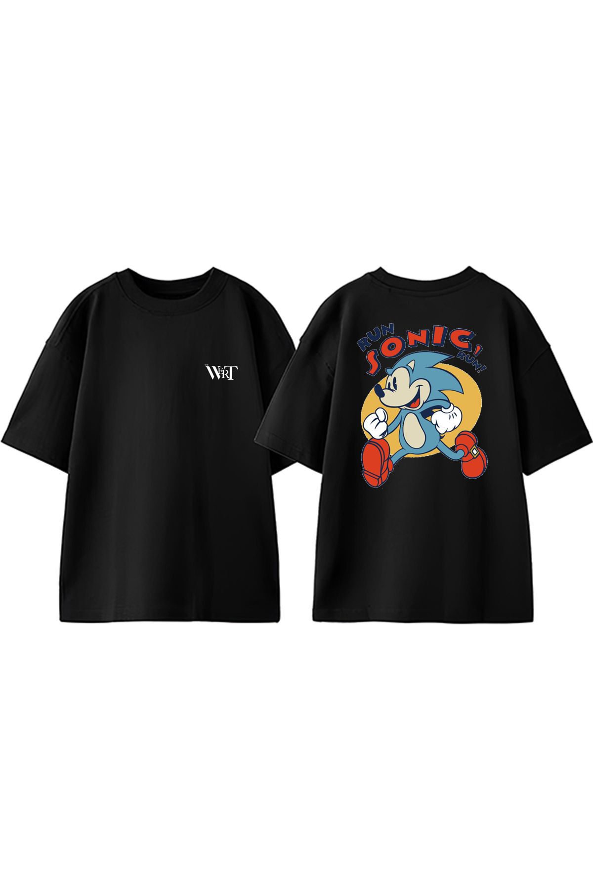 THEWERT Run Sonic Run Tasarım Sırt Baskılı Pamuk Siyah Oversize T-shirt