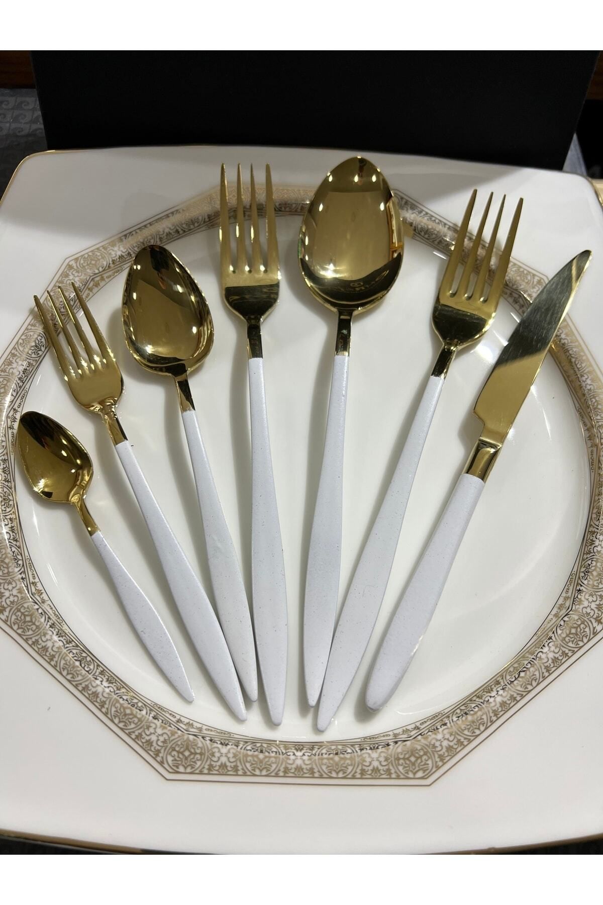 DMR LİFE Gold Dine Beyaz 30 Parça | Çatal Kaşık Bıçak Takımı | Gold | 6 Kişilik | 18/10 Paslanmaz Çelik