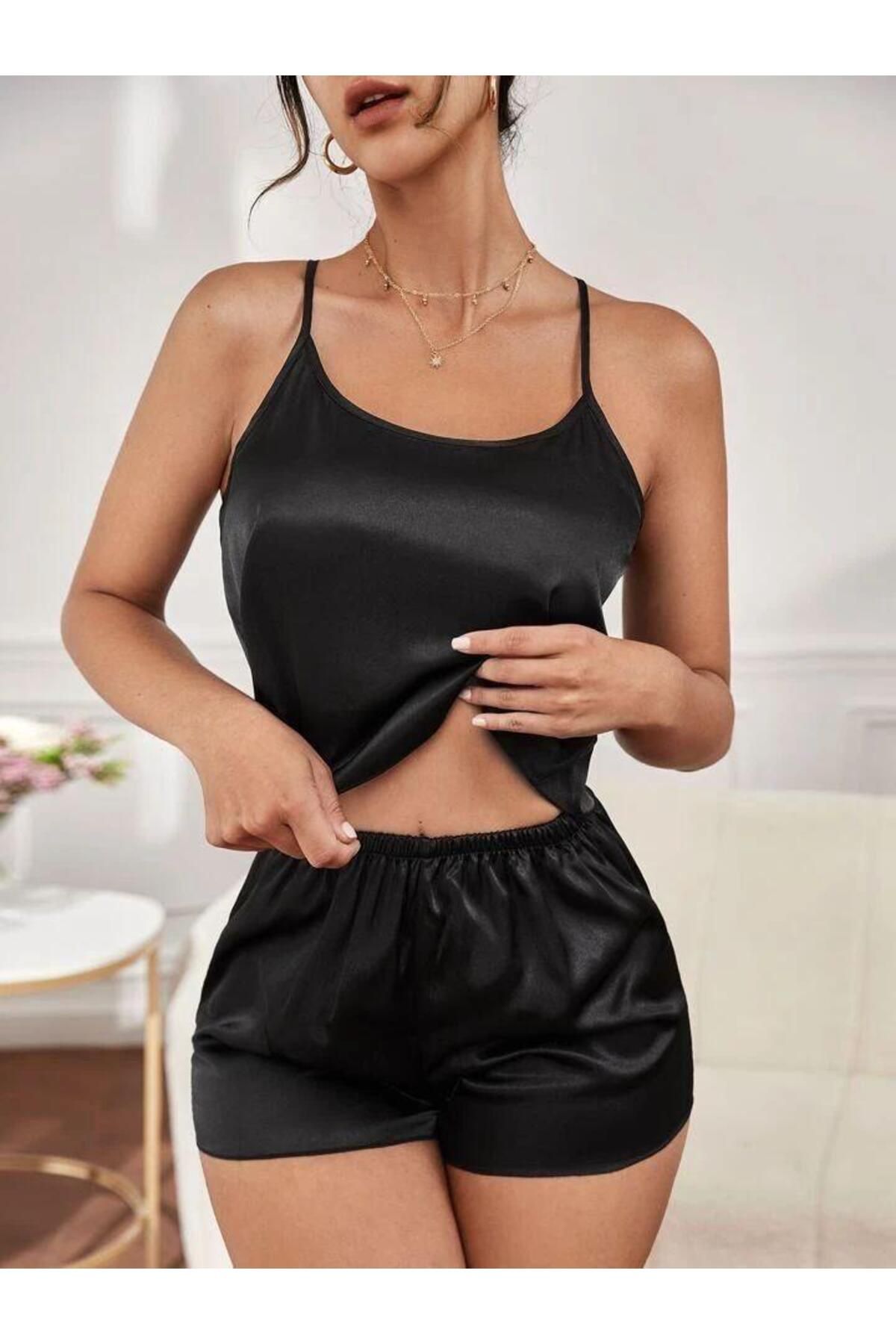 PEMBİŞ HOMEWEAR Lazen Siyah Saten Şort Takımı