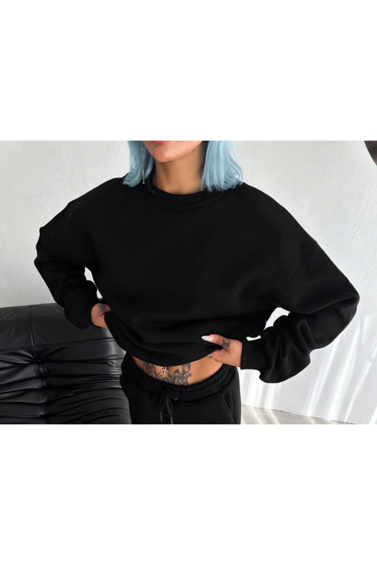 royq Kışlık Bisiklet Yaka Üç İplik Basic SweatShirt - Siyah