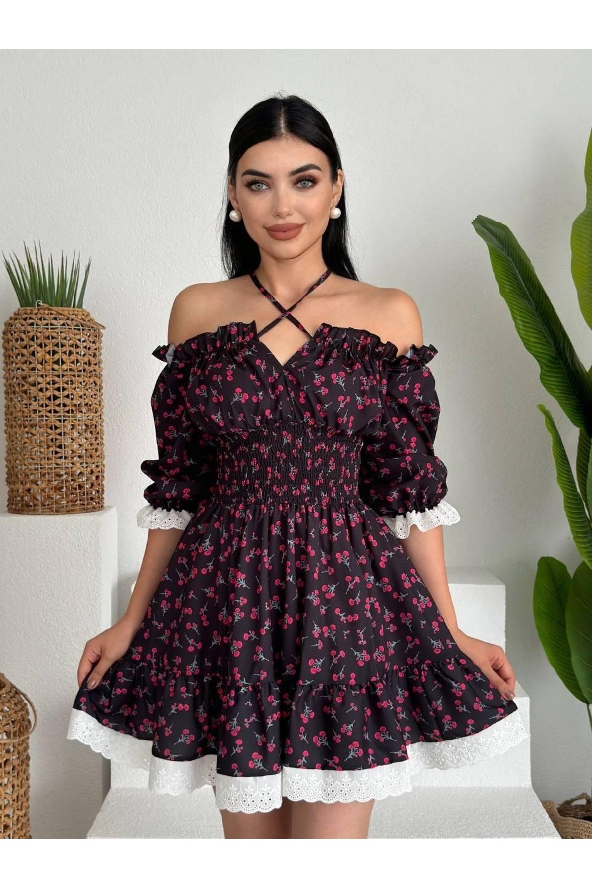 royq Marne Beli Lastikli Mini Elbise