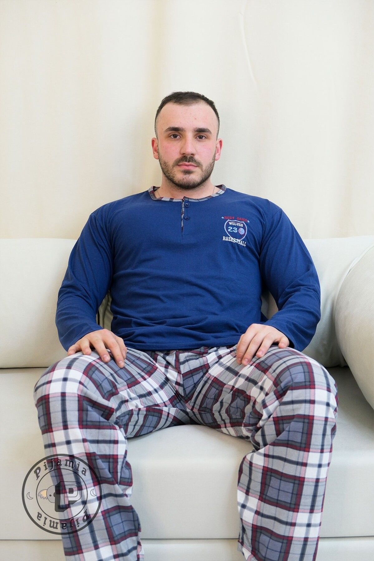 Pijamia MAVİ EKOSE DESENLİ DÜĞMELİ UZUN KOL ERKEK PİJAMA TAKIMI