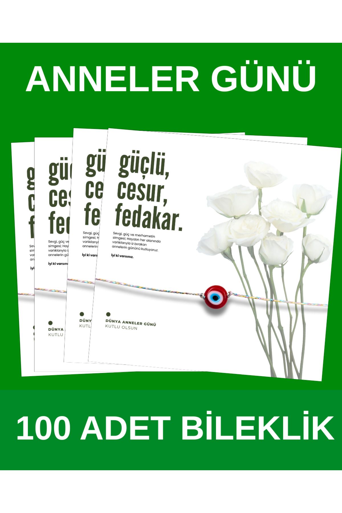Taş Sanatı Doğaltaş Anneler Günü Cam Nazar Boncuklu Hediye Kartlı Şans Bilekliği - ( 100 Adet )