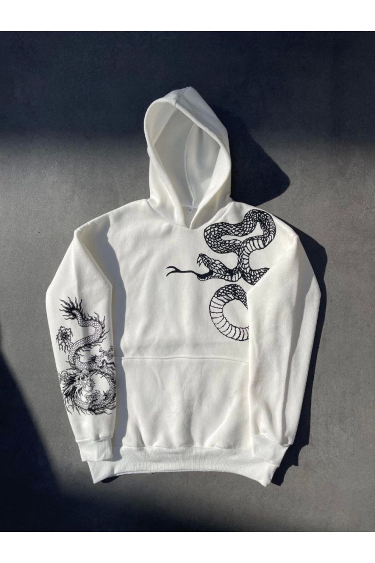royq Uzun Kol Kapşonlu Baskılı SweatShirt - Beyaz
