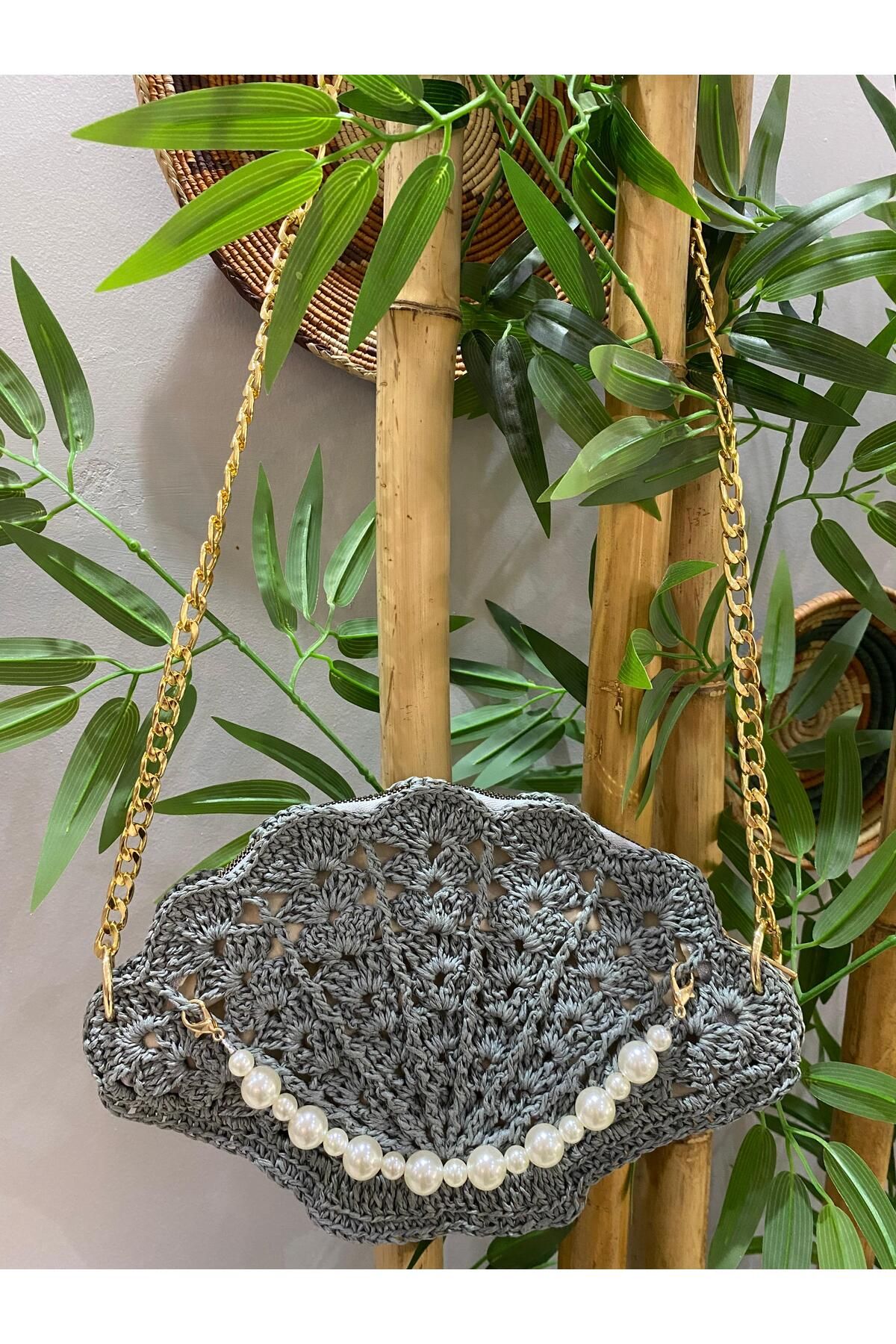 KÜBRA UYAN JEWELRY İncili Midye Çanta / İncili İstridye Çanta / İncili Hasır Çanta / Hasır El Örgüsü Çanta