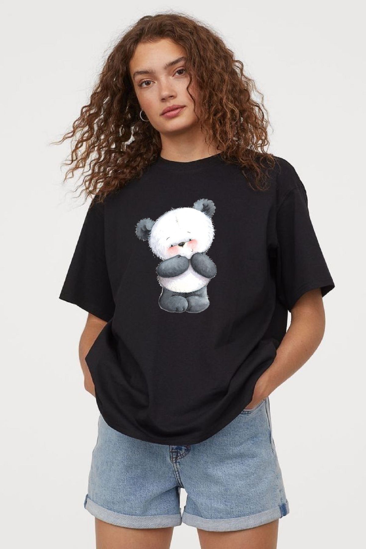 makiteks Baskılı Kadın Unisex Oversize Bisiklet Yaka Baskılı T-shirt Siyah Tişört