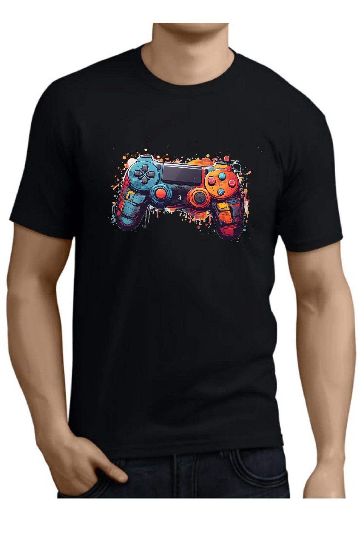 makiteks Baskılı Erkek Unisex Oversize Bisiklet Yaka Baskılı T-shirt Siyah Tişört Gamer PS5
