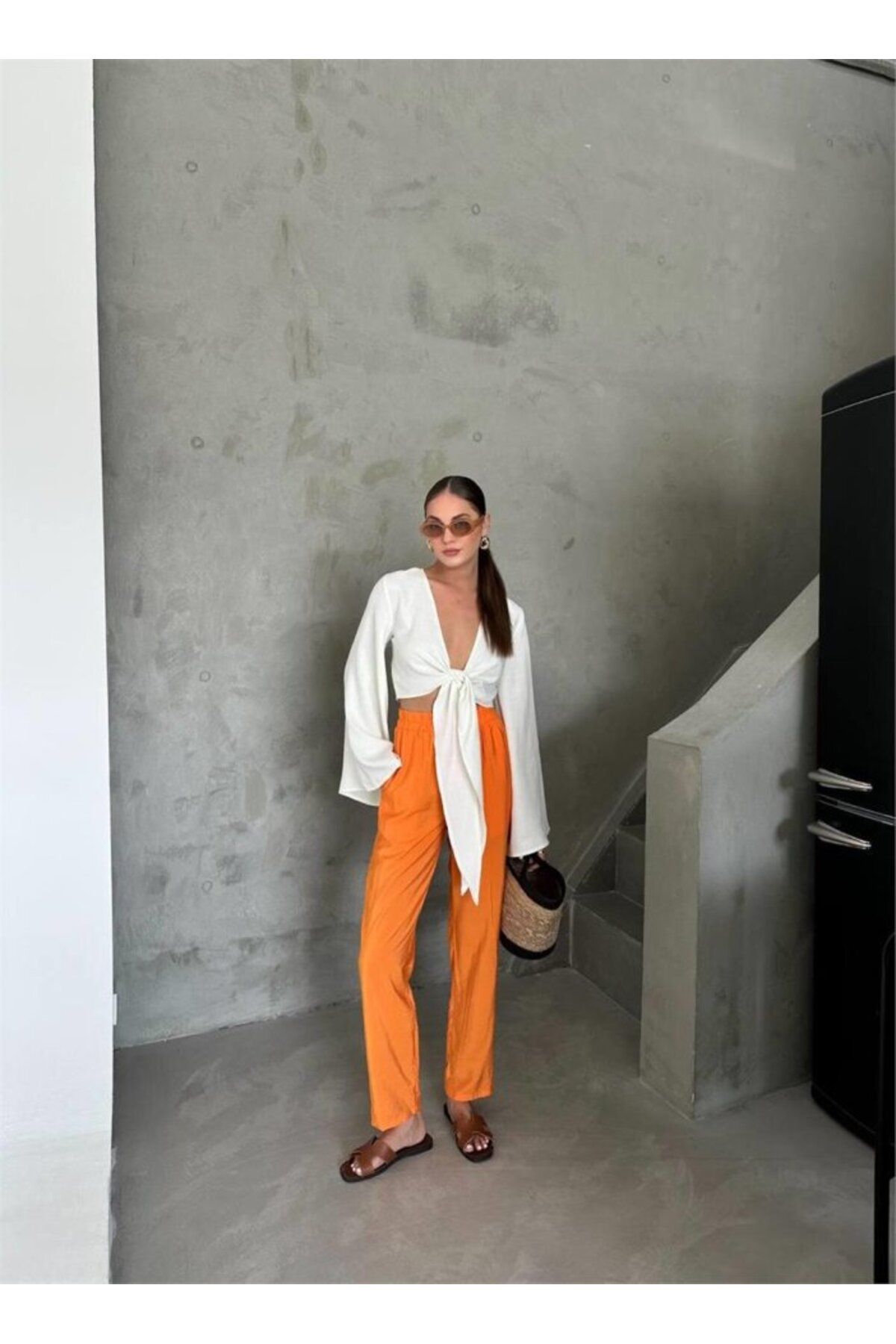 royq BEL LASTİK DETAYLI MODAL KUMAŞ PANTOLON - Orange