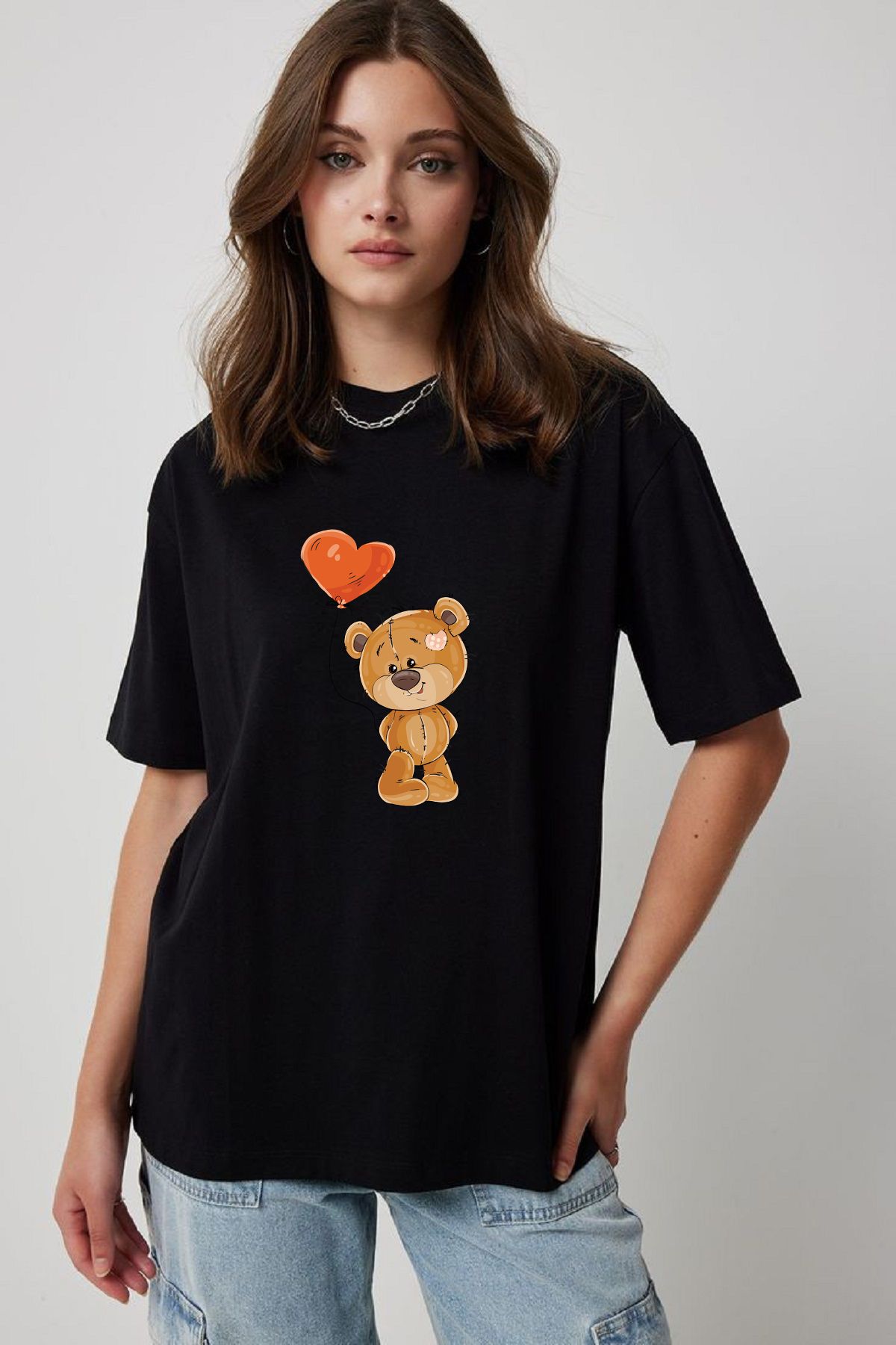 makiteks Baskılı Kadın Unisex Oversize Bisiklet Yaka Baskılı T-shirt Siyah Tişört