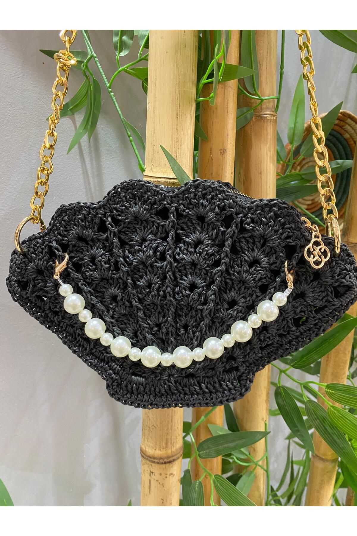 KÜBRA UYAN JEWELRY İncili Midye Çanta / İncili İstridye Çanta / İncili Hasır Çanta / Hasır El Örgüsü Çanta