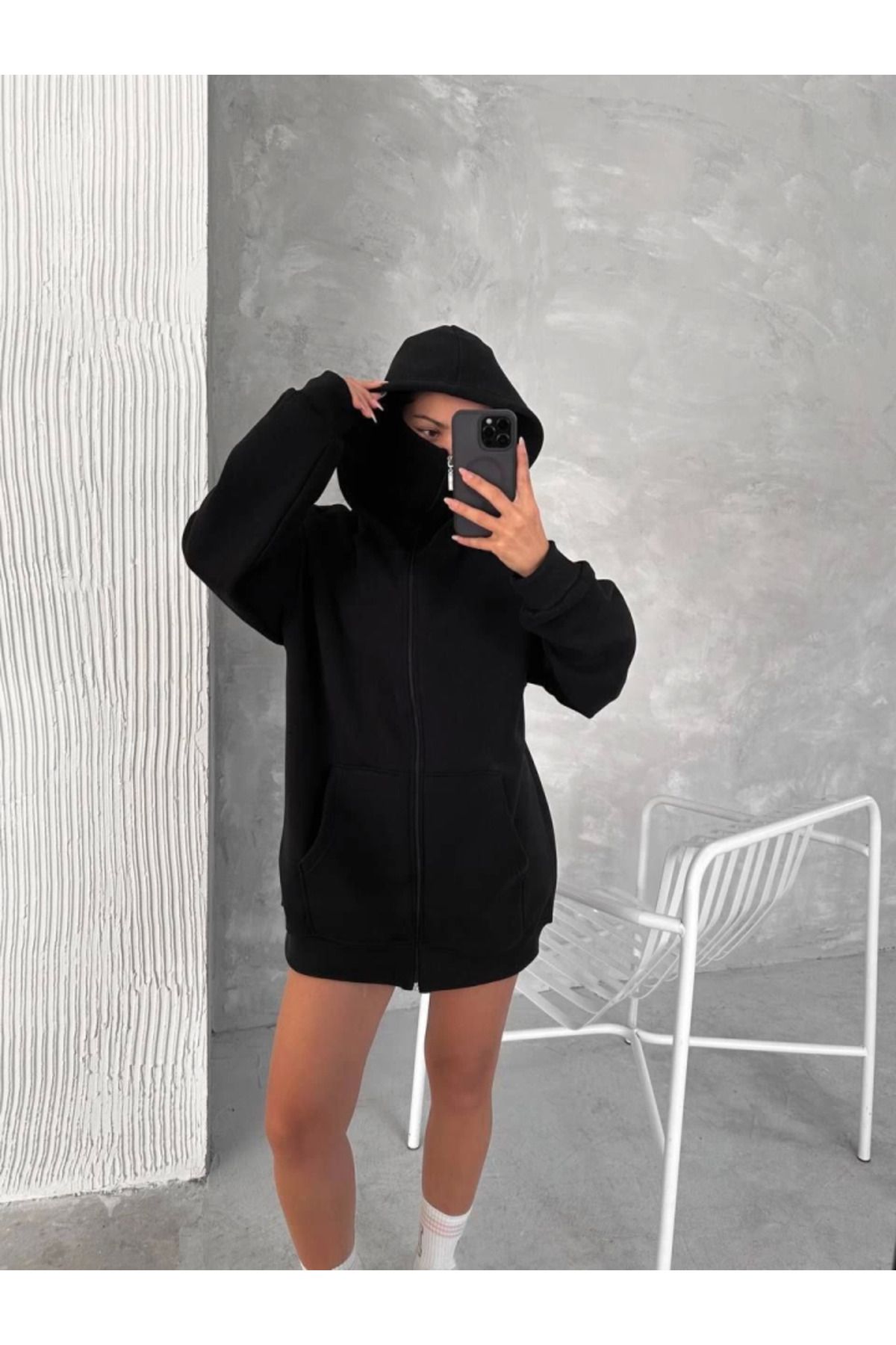 royq Samuray ZIP Fermuarlı Kapüşonlu SweatShirt- Siyah