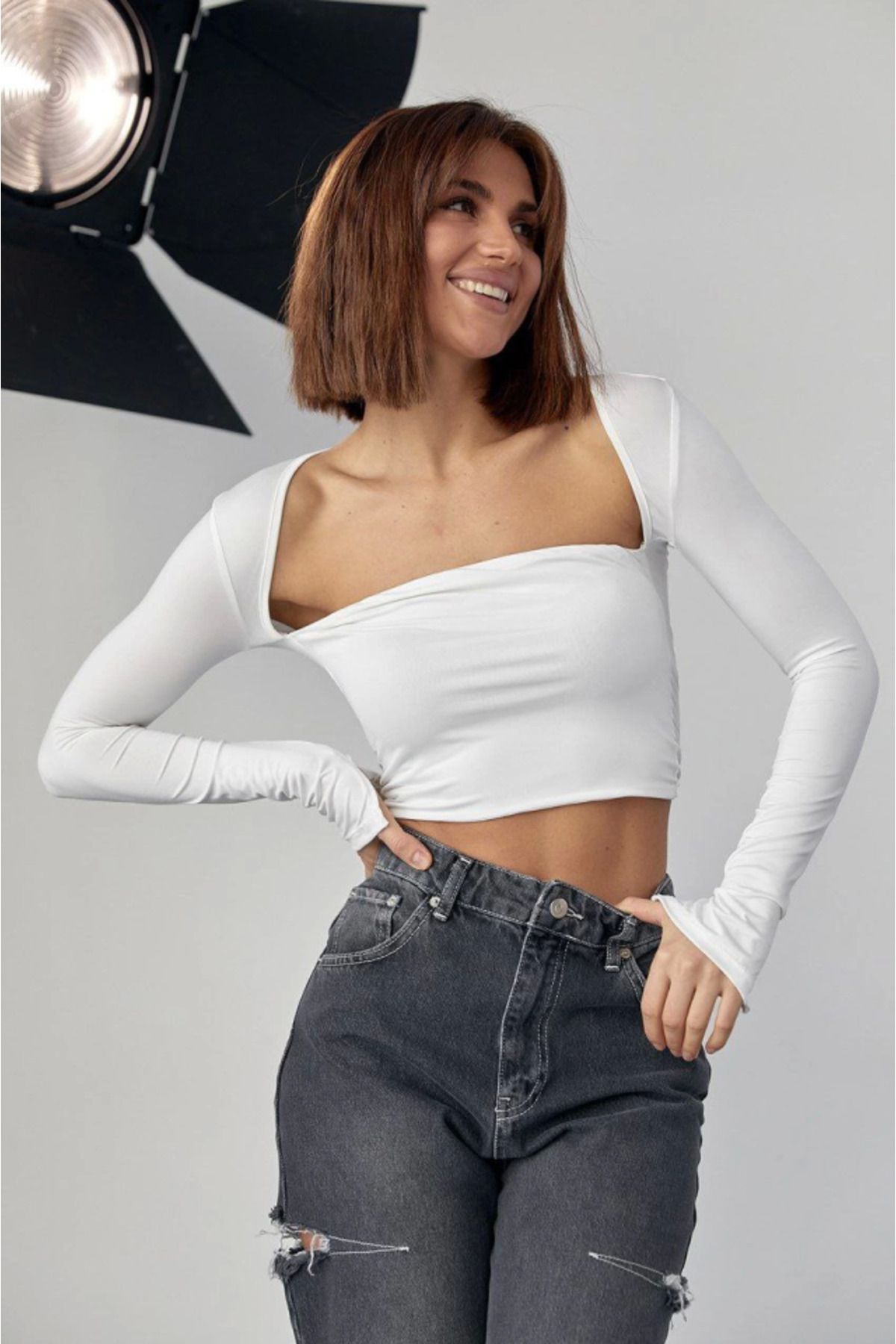 royq Kara Yaka Uzun Kollu Crop - Beyaz