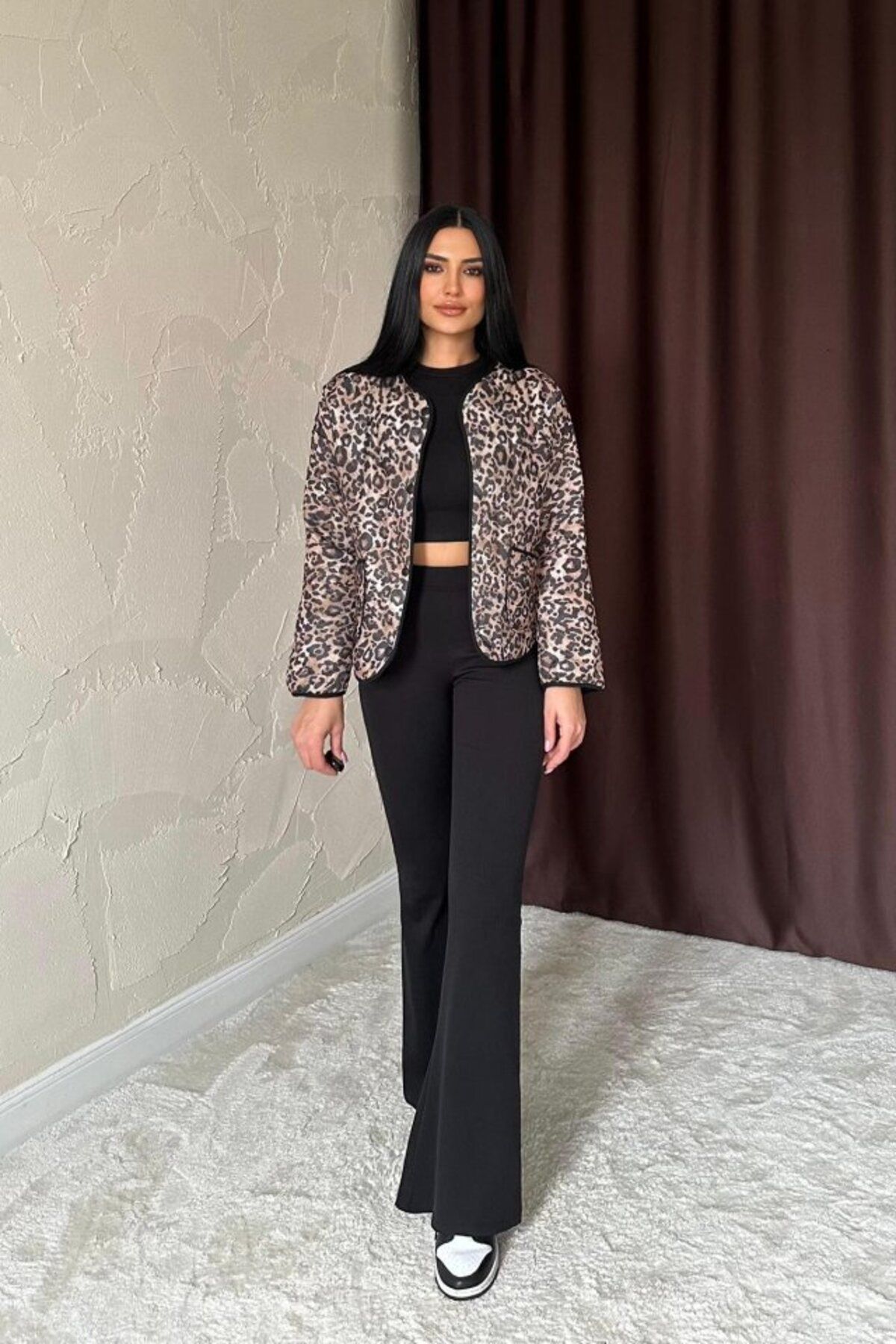 royq Leopar Leopar Desenli Kapitone Ceket