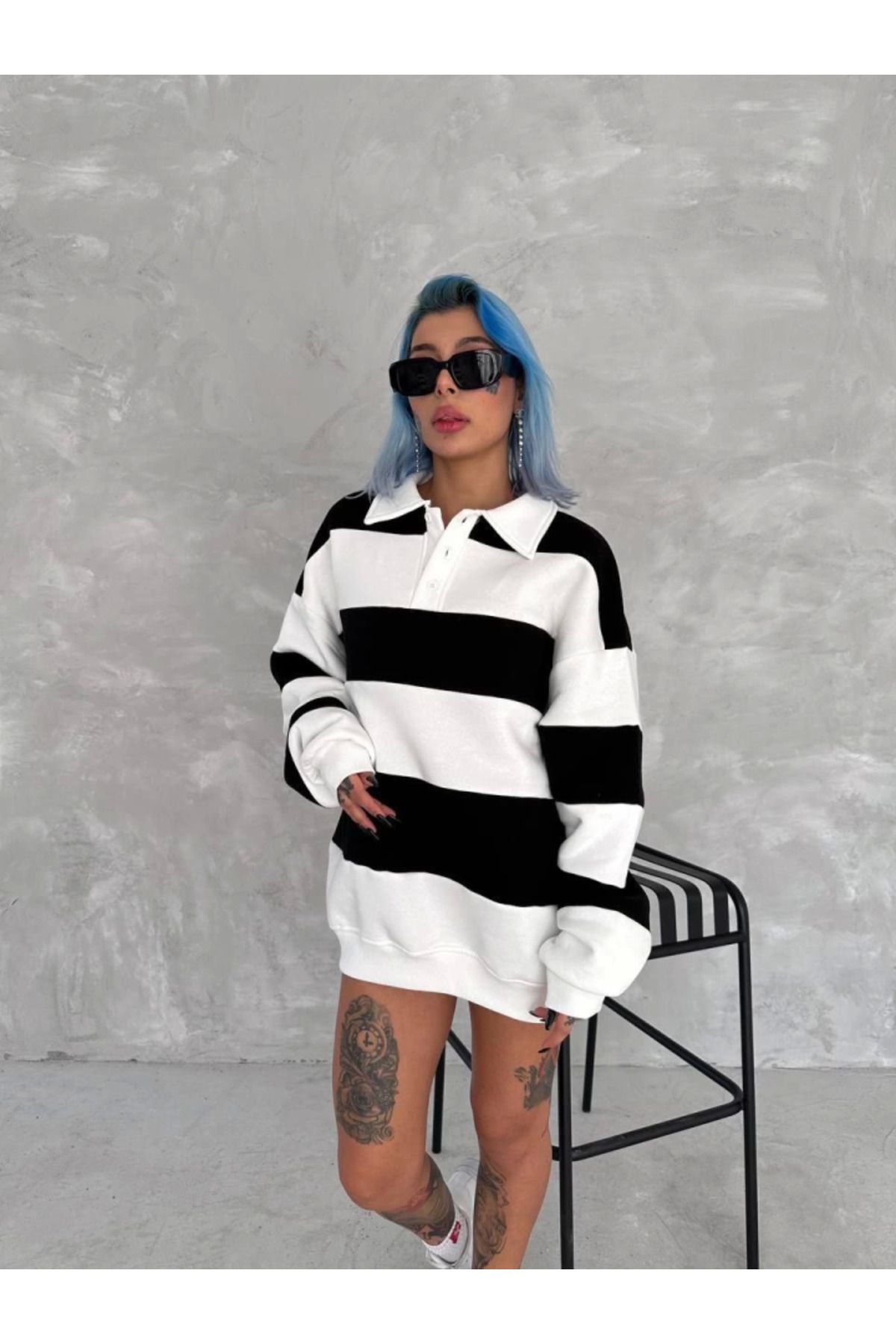 royq Unisex Üç İplik Parçalı Yakalı SweatShirt - Siyah