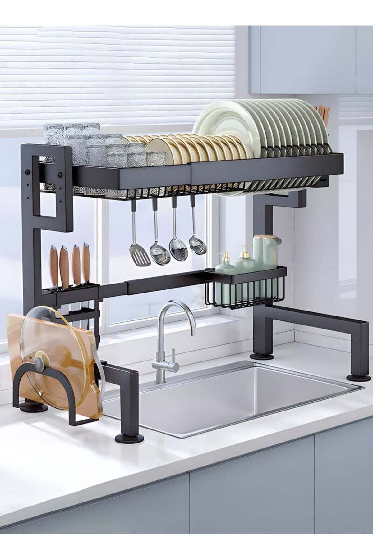Taimi-Over Sink Dish Drying Rack (75cm) with Cutlery Basket, Knife and Cutting Board Holder Black 3
