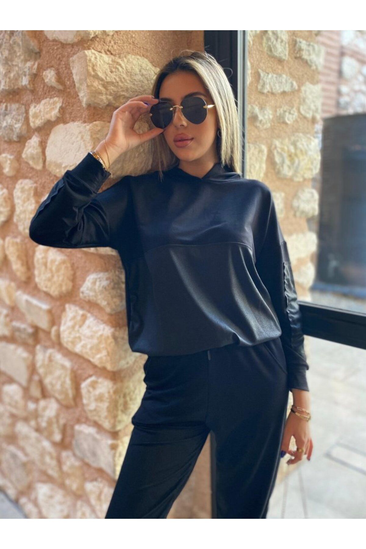 royq Kadın Uzun Kollu Kapüşonlu Oversize Sweat Ve Pantolon Ikili Takım