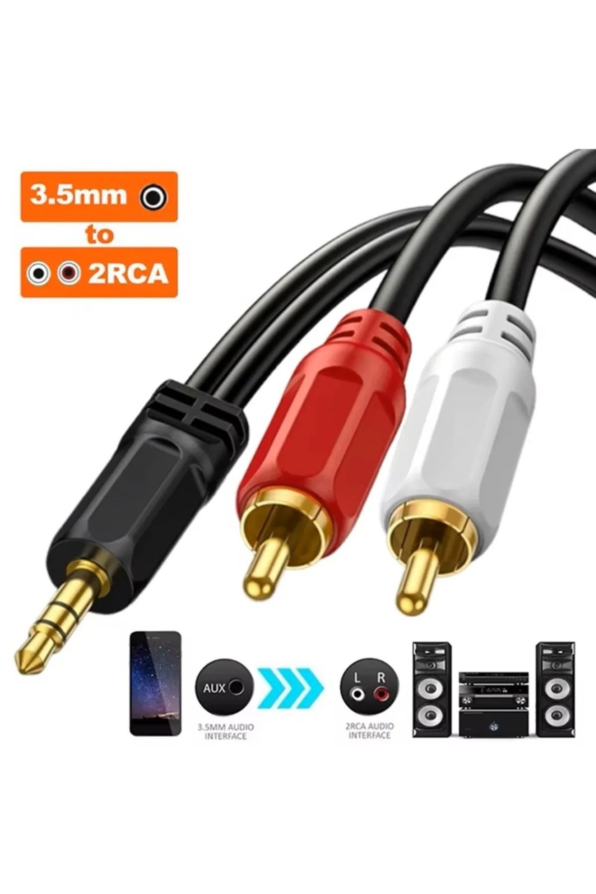 Derwell 1.8 Metre 1.8mt Stereo Lale Kablo Ses Sistemi Kablosu Aux Rca 1.5m Stereo 2 Rca Erkek Kablo 3.5mm