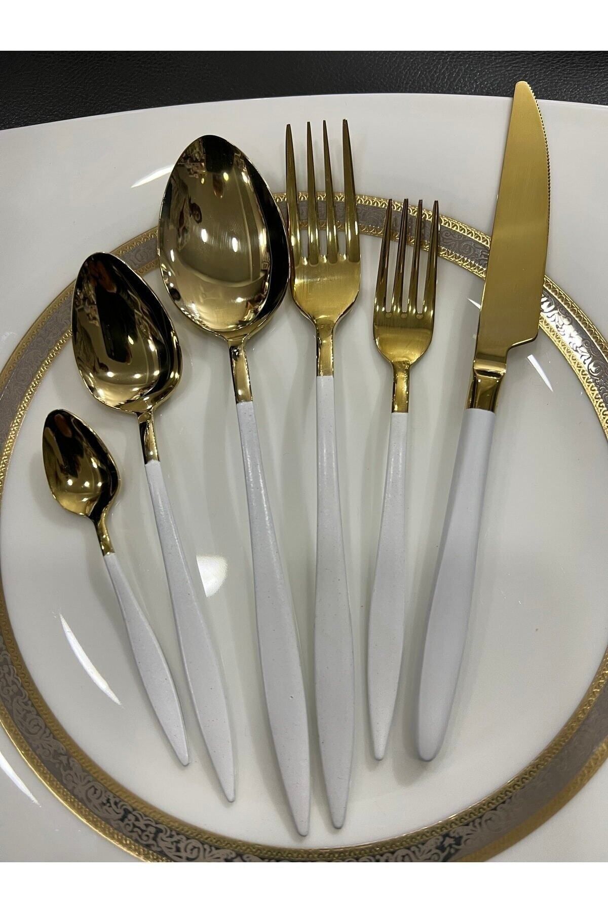 DMR LİFE Gold Dine Beyaz 48 Parça | Çatal Kaşık Bıçak Takımı | Gold | 8 Kişilik | 18/10 Paslanmaz Çelik