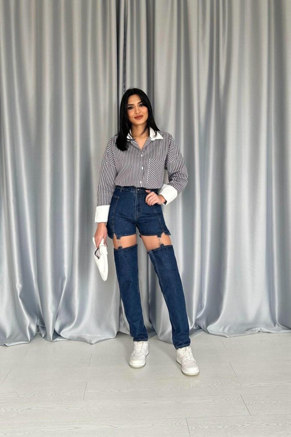royq Mavi Askılı İki Parça Jeans Pantolon