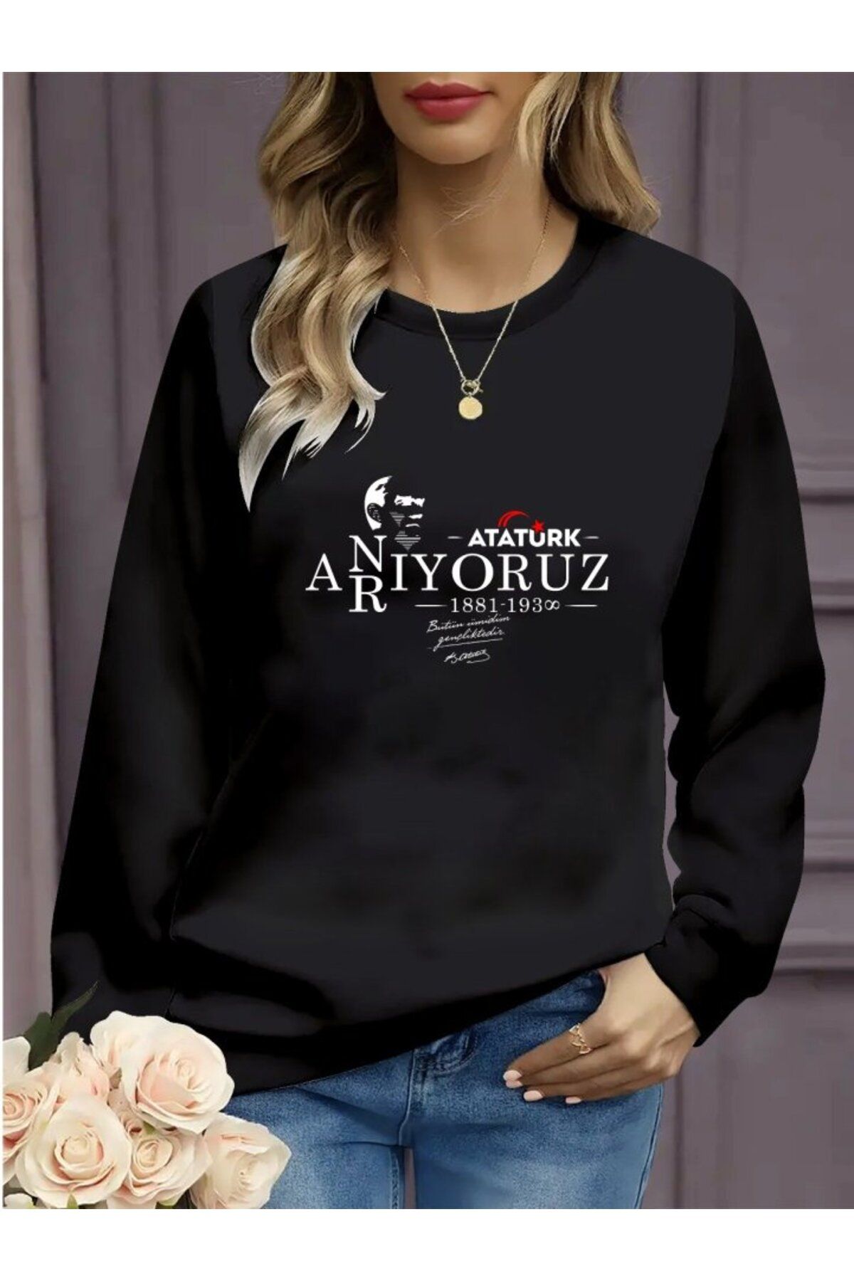 royq Kadın Uzun Kollu 10 Kasım Atatürkü Anma Gününe Özel Viskon İki İplik Kumaş Sweat