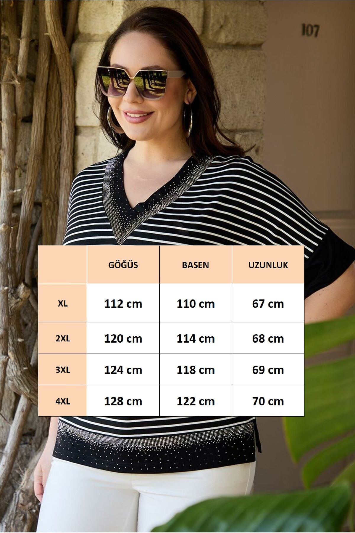 FOR ESRA BIG TREND-Women's Large Size Striped Shiny Stone Detail V-Neck Side Slit Stretchy Short Sleeve Blouse 3