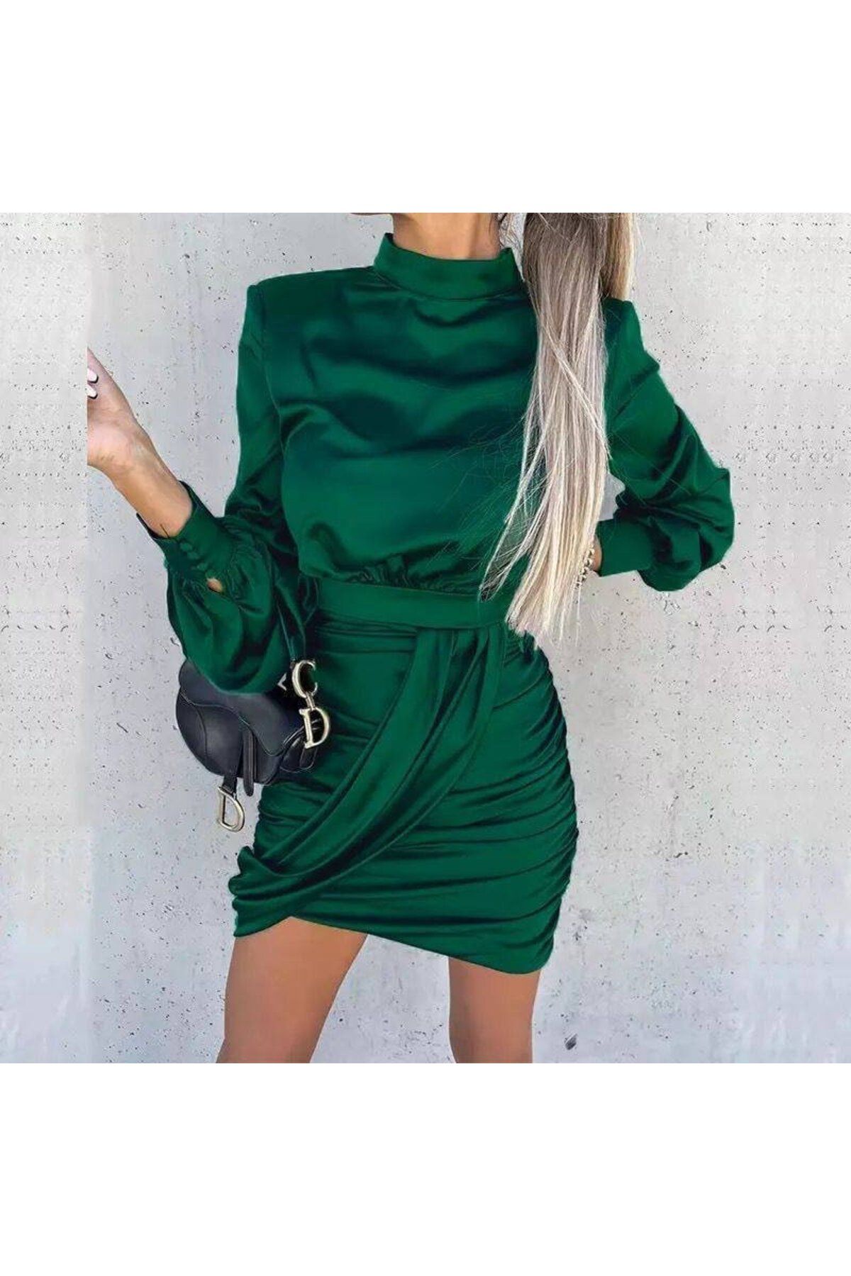 royq Kadın Yarım Balıkçı Yaka Vatka Ve Büzgü Detay Mini Elbise