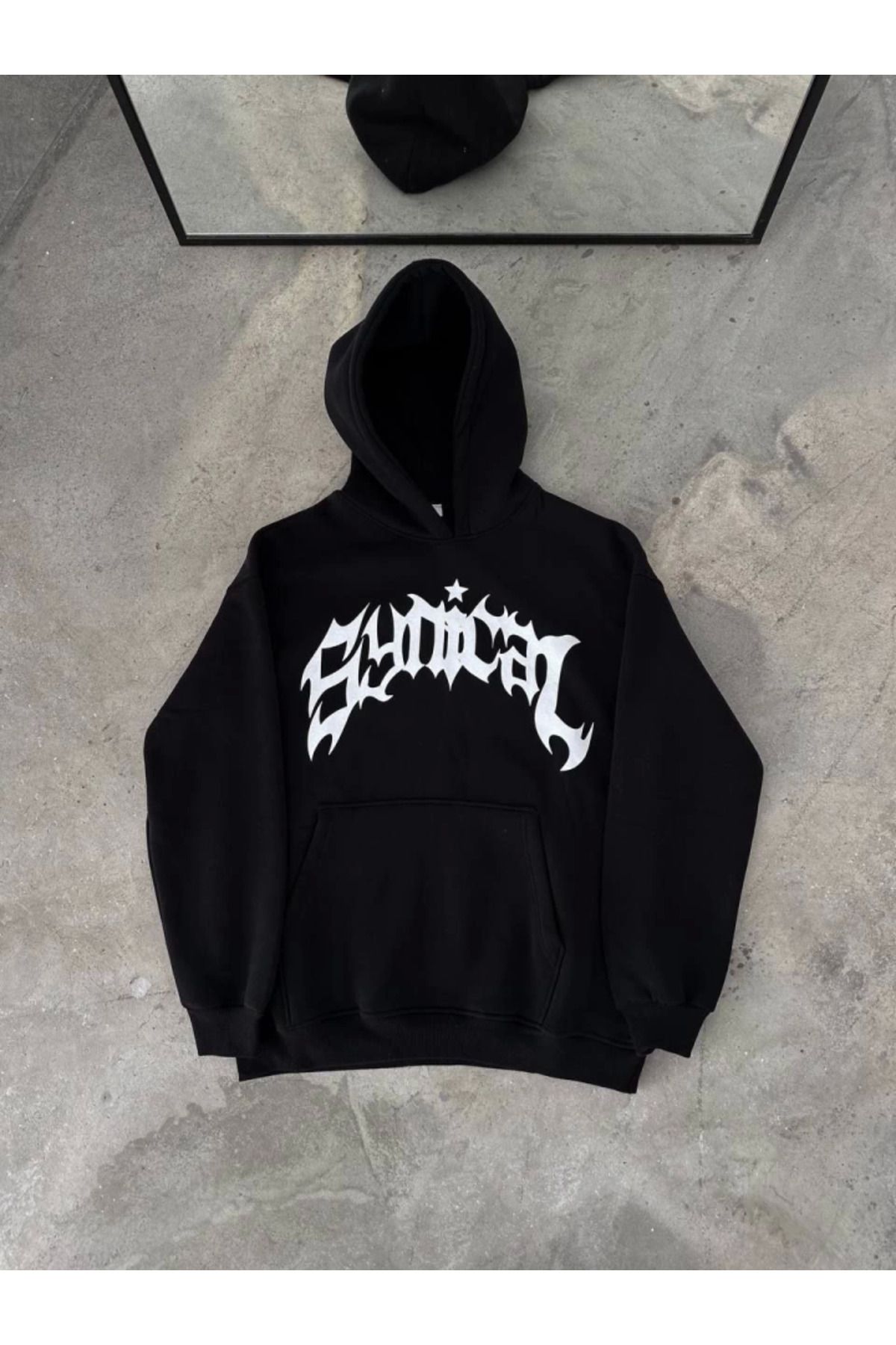 royq Üç İplik Kapşonlu Baskılı Oversize SweatShirt- Siyah