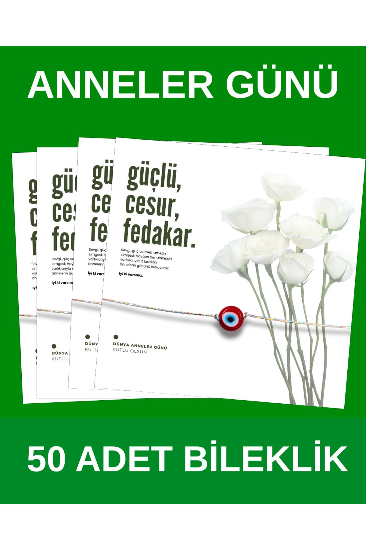 Taş Sanatı Doğaltaş Anneler Günü Cam Nazar Boncuklu Hediye Kartlı Şans Bilekliği - ( 50 Adet )