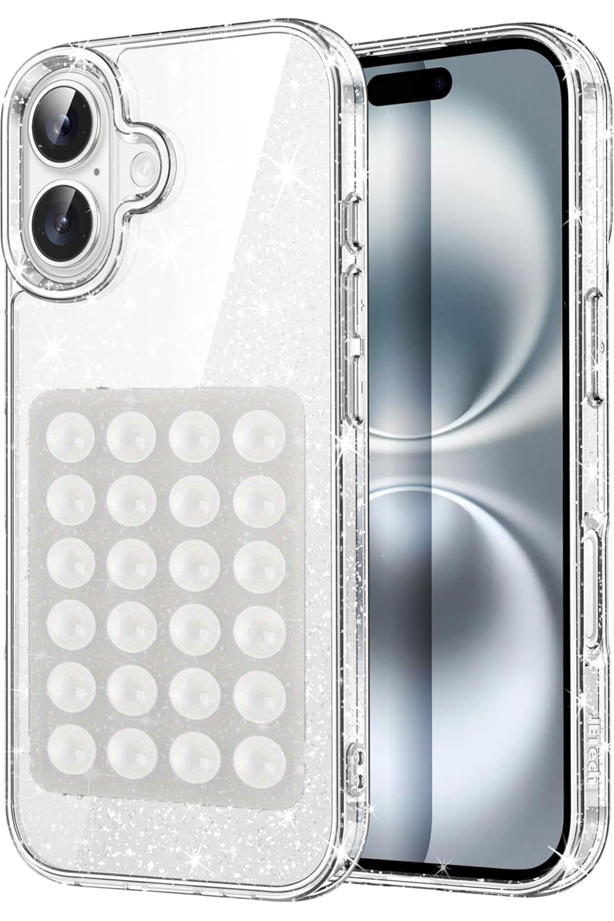 EDELFU iPhone 16 PLUS için UYUMLU Simli Sert Sararmaz Şeffaf Kılıf, Telefon Tutacağı Vakum Silikon ve Kapak