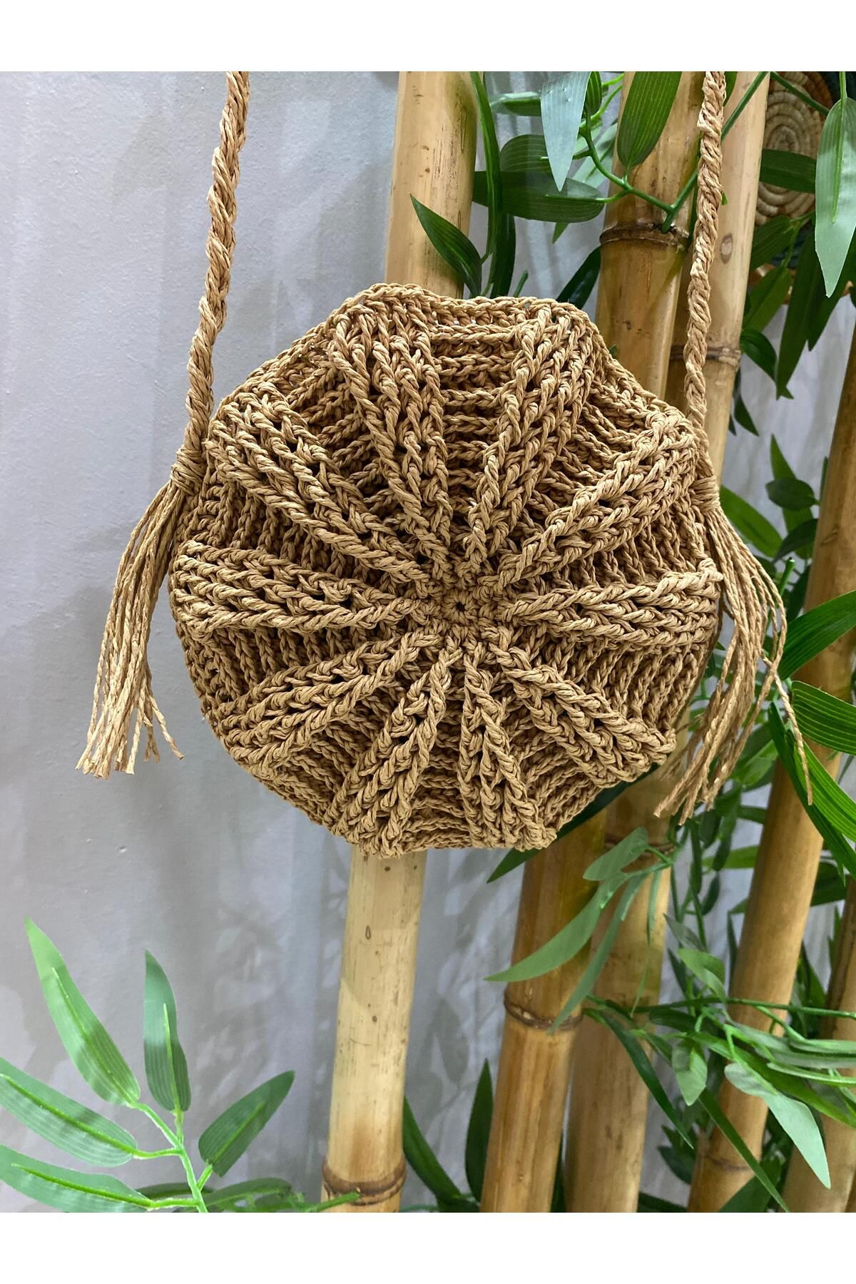 KÜBRA UYAN JEWELRY Makaron Çanta / Hasır Çanta / Bohem Çanta / El Örgüsü Hasır Çanta / Kağıt İp Çanta