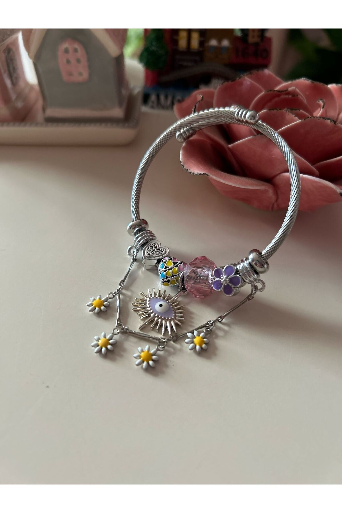 Cheecky Chic Papatya Sallantılı Mor Nazar Boncuğu Göz Charm Bileklik – Zirkon Taşlı, Ayarlanabilir Kadın Bileklik