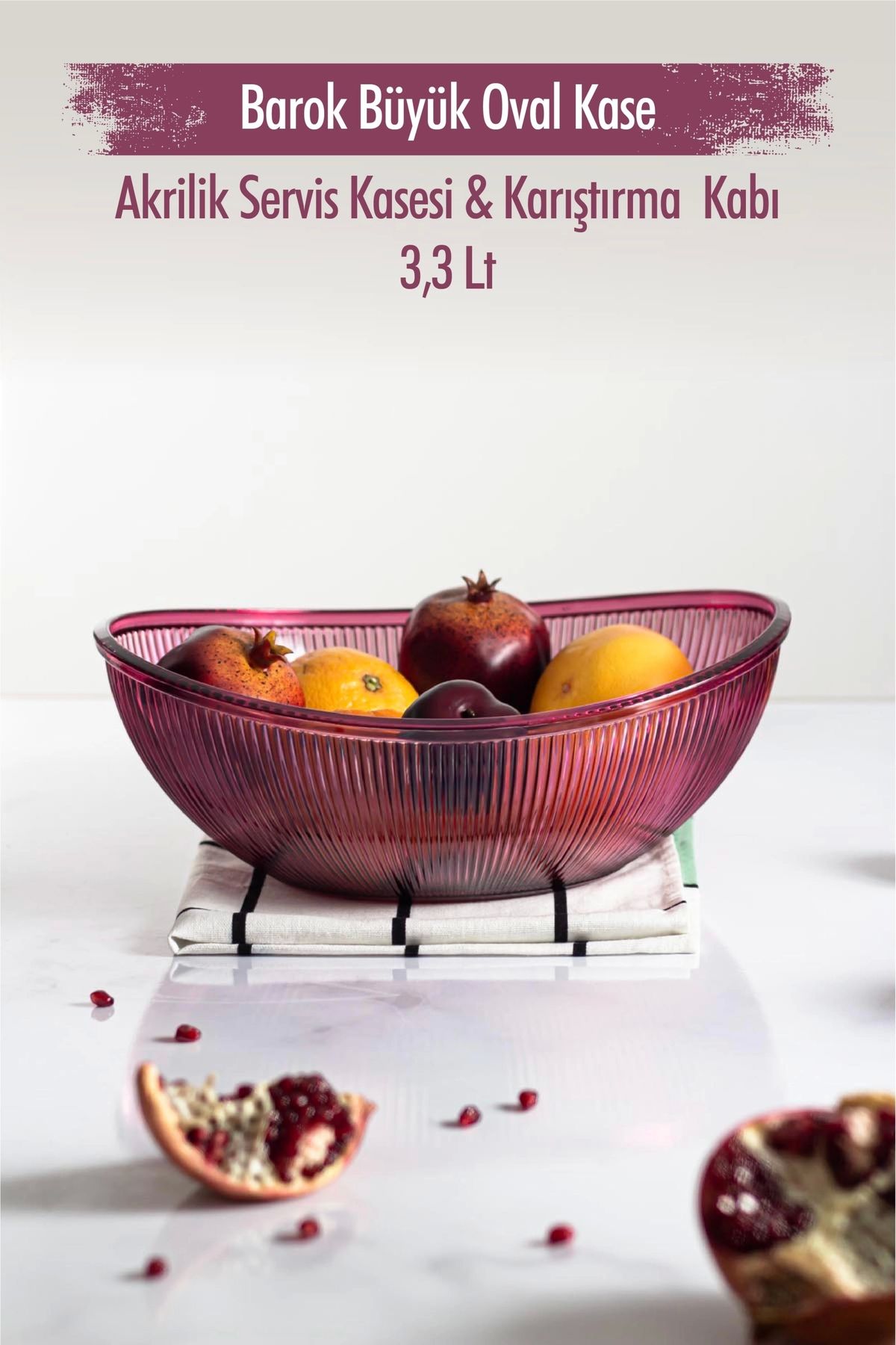 FTT SHOPPING MARKET Akrilik Barok Mürdüm Büyük Oval Meyve & Salata Kasesi & Karıştırma Kabı / 3,3 Lt (CAM DEĞİLDİR)