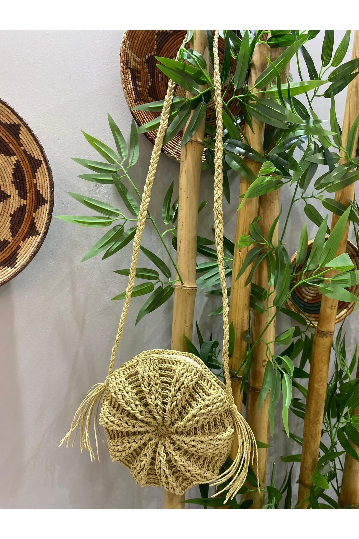 KÜBRA UYAN JEWELRY Makaron Çanta / Hasır Çanta / Bohem Çanta / El Örgüsü Hasır Çanta / Kağıt İp Çanta