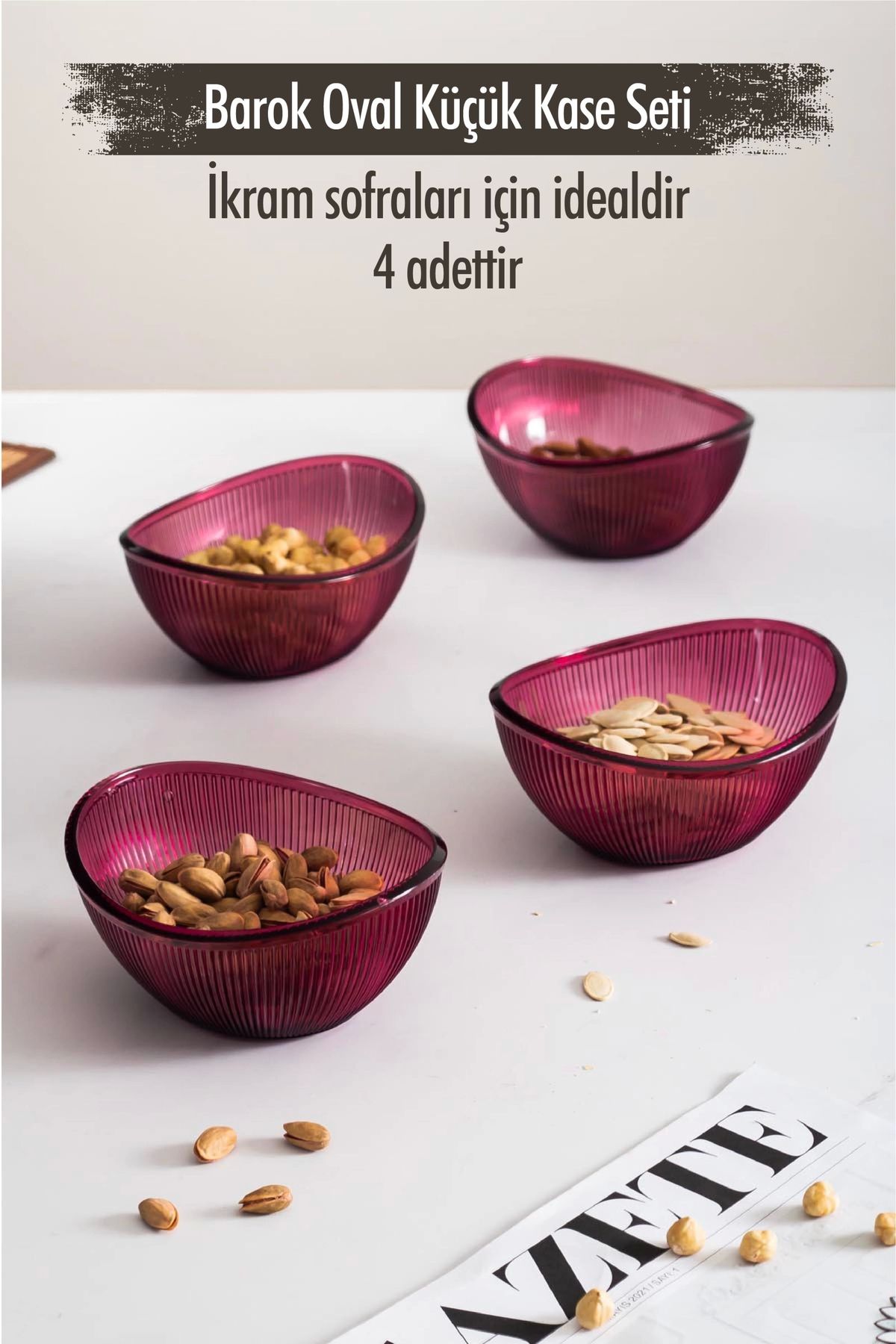 FTT SHOPPING MARKET Akrilik Barok Mürdüm Oval 4'lü Küçük Kase Seti & Çerezlik & Sunumluk & İkramlık(Cam Değildir)
