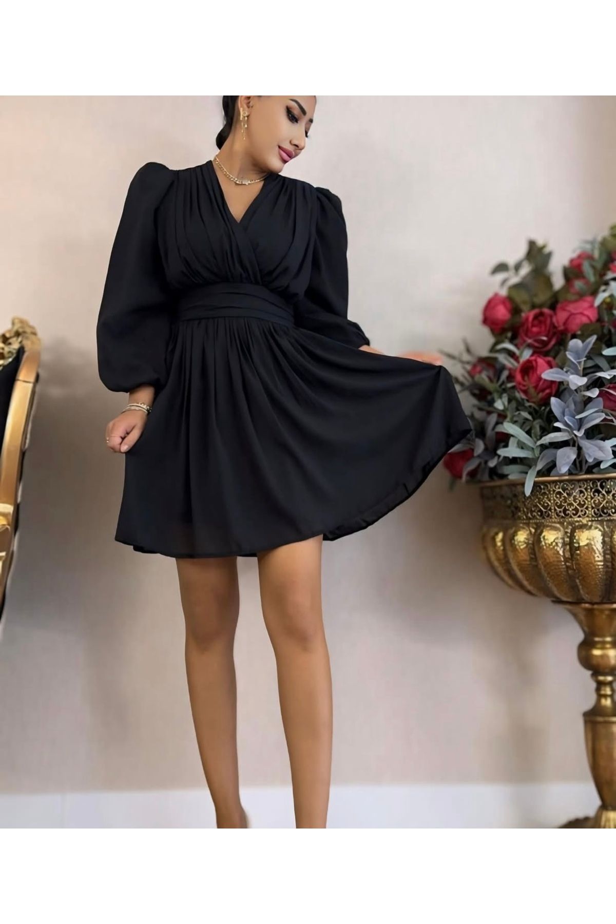 Gülşen Gök Butik Şifon Kolu Vatkalı Bel Detay Elbise