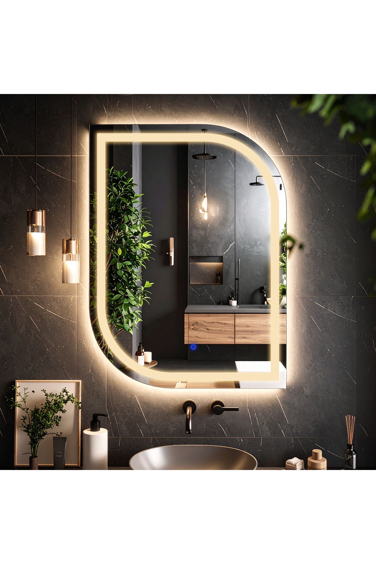 lumora mirror design Curva Günışığı Led'li Kumlamalı Lavabo & Banyo Aynası (Dokunmatik Sensörlü)