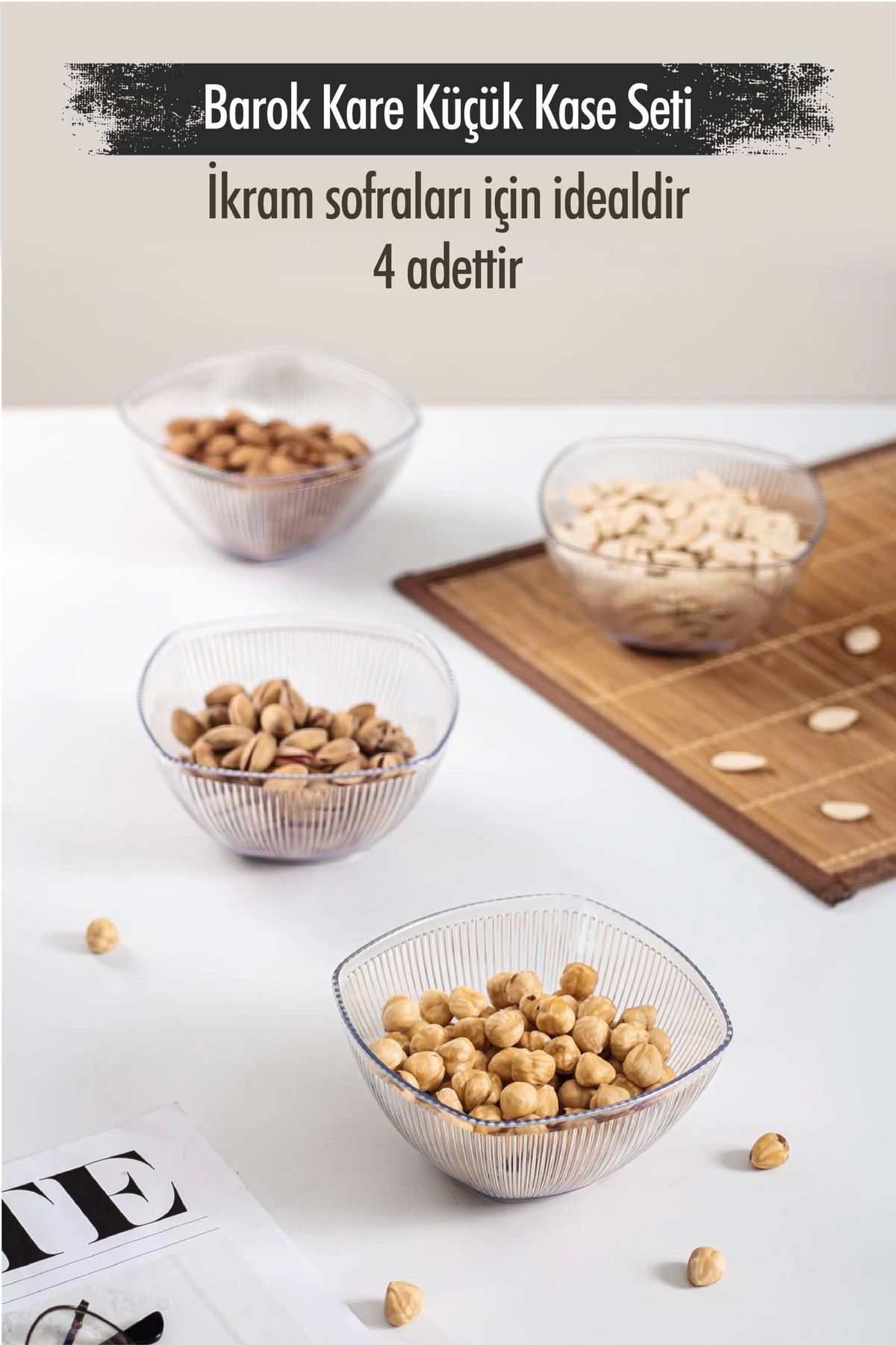 FTT SHOPPING MARKET Akrilik Barok Şeffaf Kare 4'lü Küçük Kase Seti & Çerezlik & Sunumluk & İkramlık (Cam Değildir) 6763D