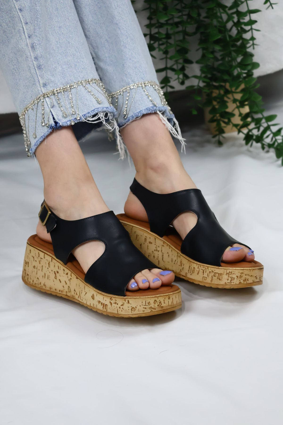 asmi shoes Siyah Mantar Taban Ortopedik Sandelet