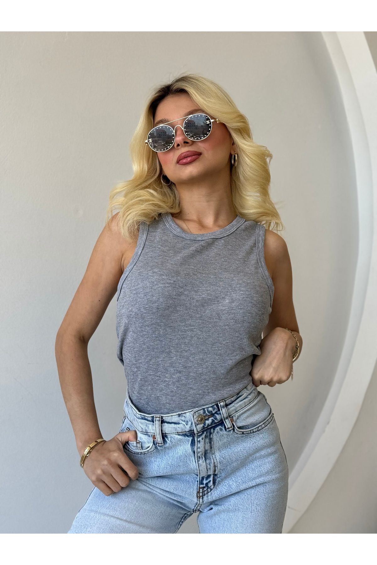 FHELIA Kadın Gri %100 Pamuk Normal Kalıp Likralı Kaşkorse Basic Body Atlet