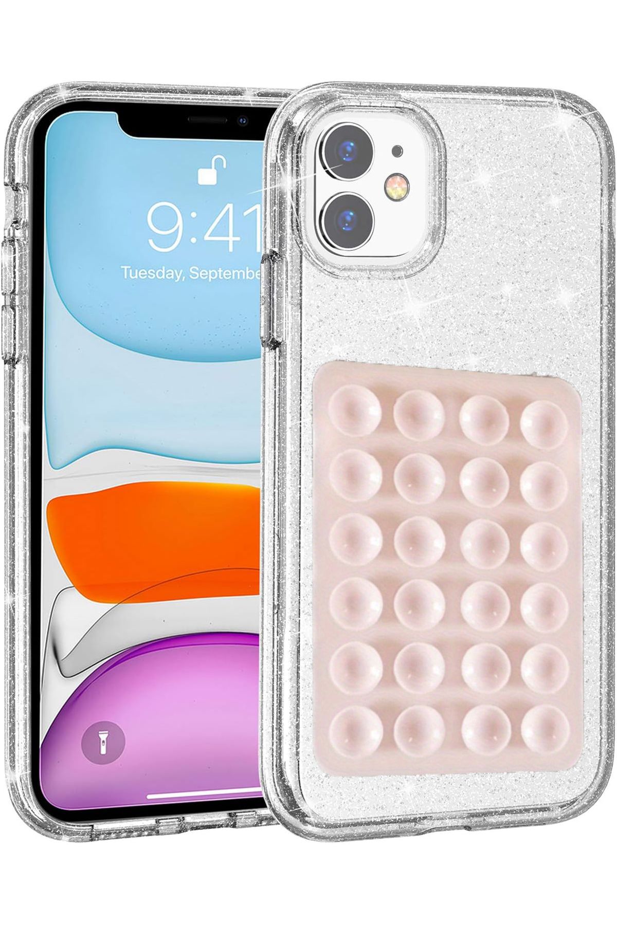 EDELFU iPhone 11 (6.1 inç) UYUMLU Simli Sert Sararmaz Şeffaf Kılıf, Telefon Tutacağı Vakum ve ince Kapak