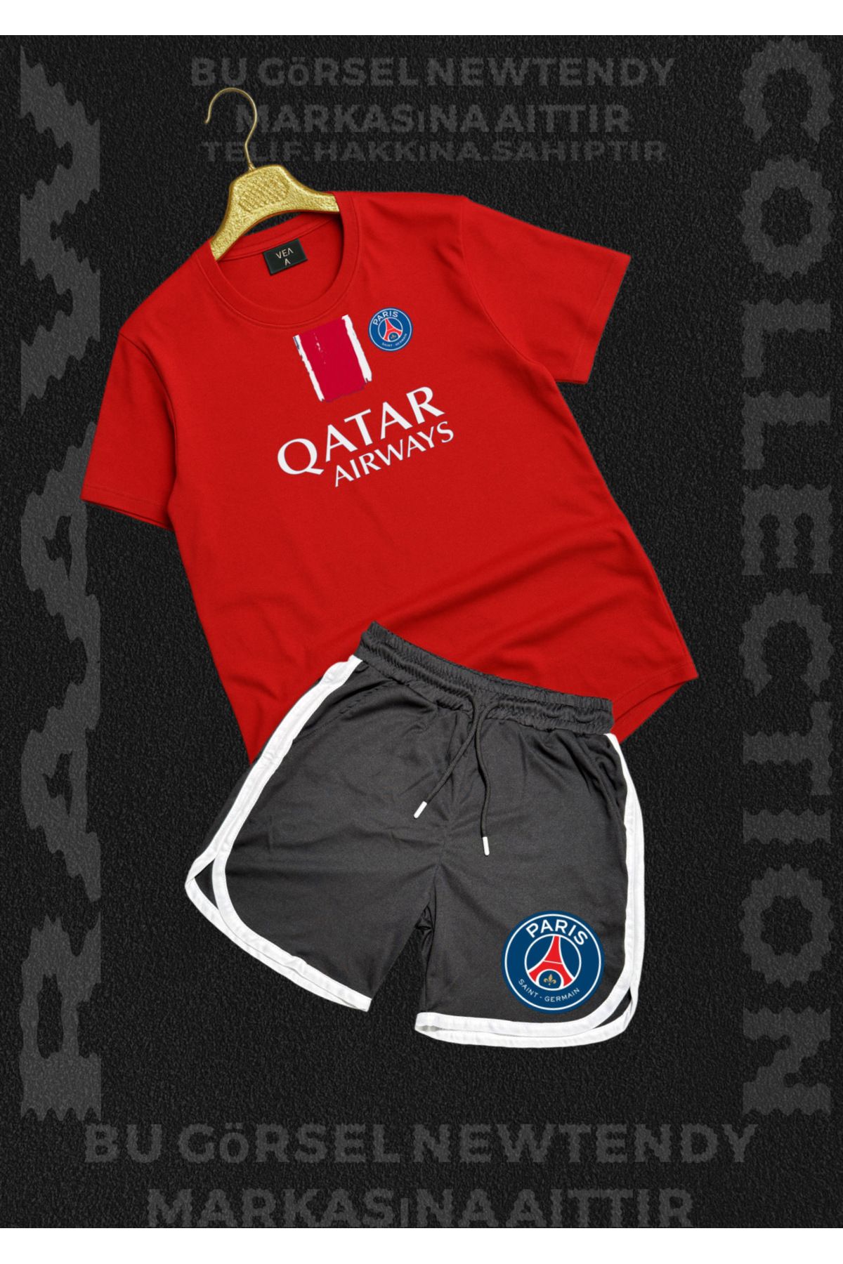 Minikelya Paris Qatar Airways Baskılı Kırmızı Tişört basket Şort Erkek Spor Takım Kombin Yazlık