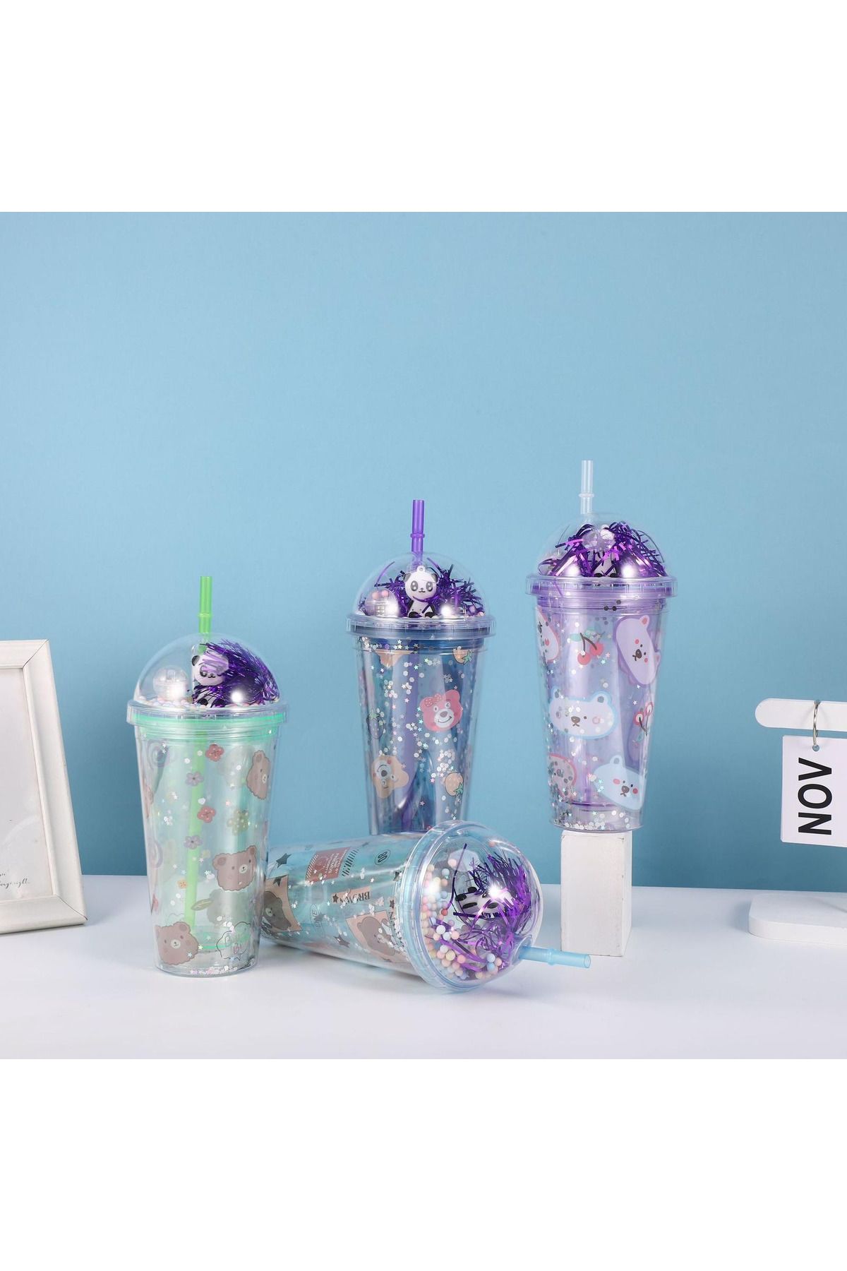 Honney Boutique Led 3D Renkli Işıklı Mika Suluk Matara Pipetli Su Şişesi Kokteyl Bardağı Işıklı Figürlü