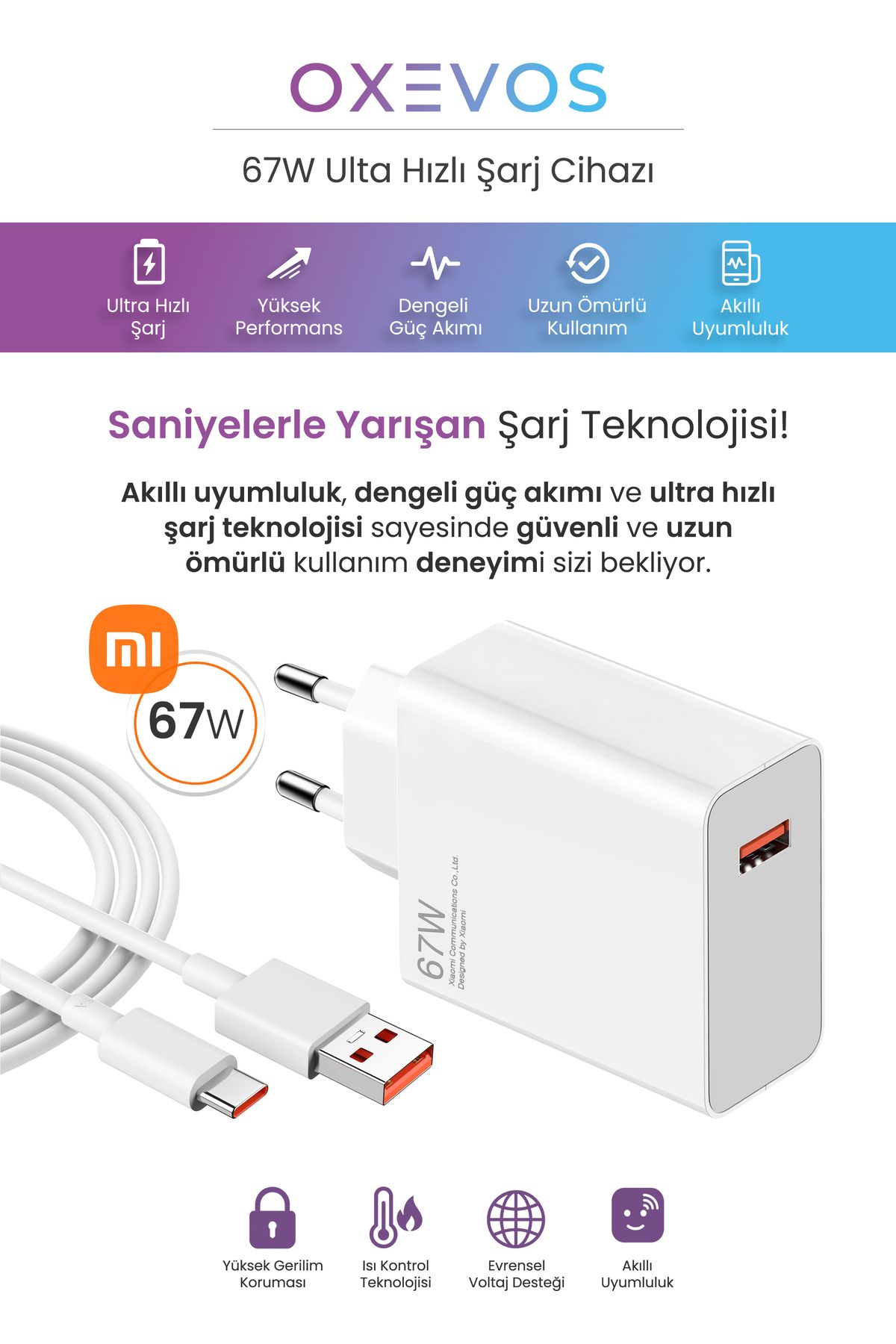 OXEVOS OSC-1110 - 67W Ultra Hızlı Şarj Aleti , Type-C Cihazlar ile uyumlu