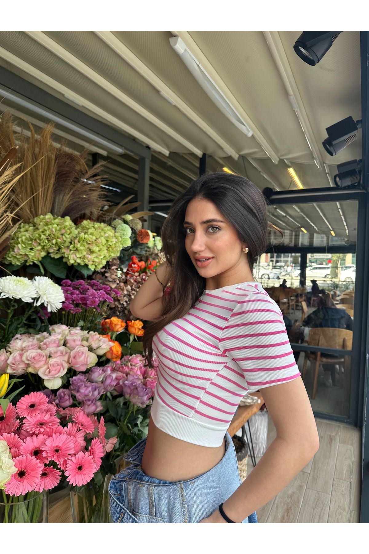 POLEXP Fuşya Çizgili Manşet Detay T-Shirt