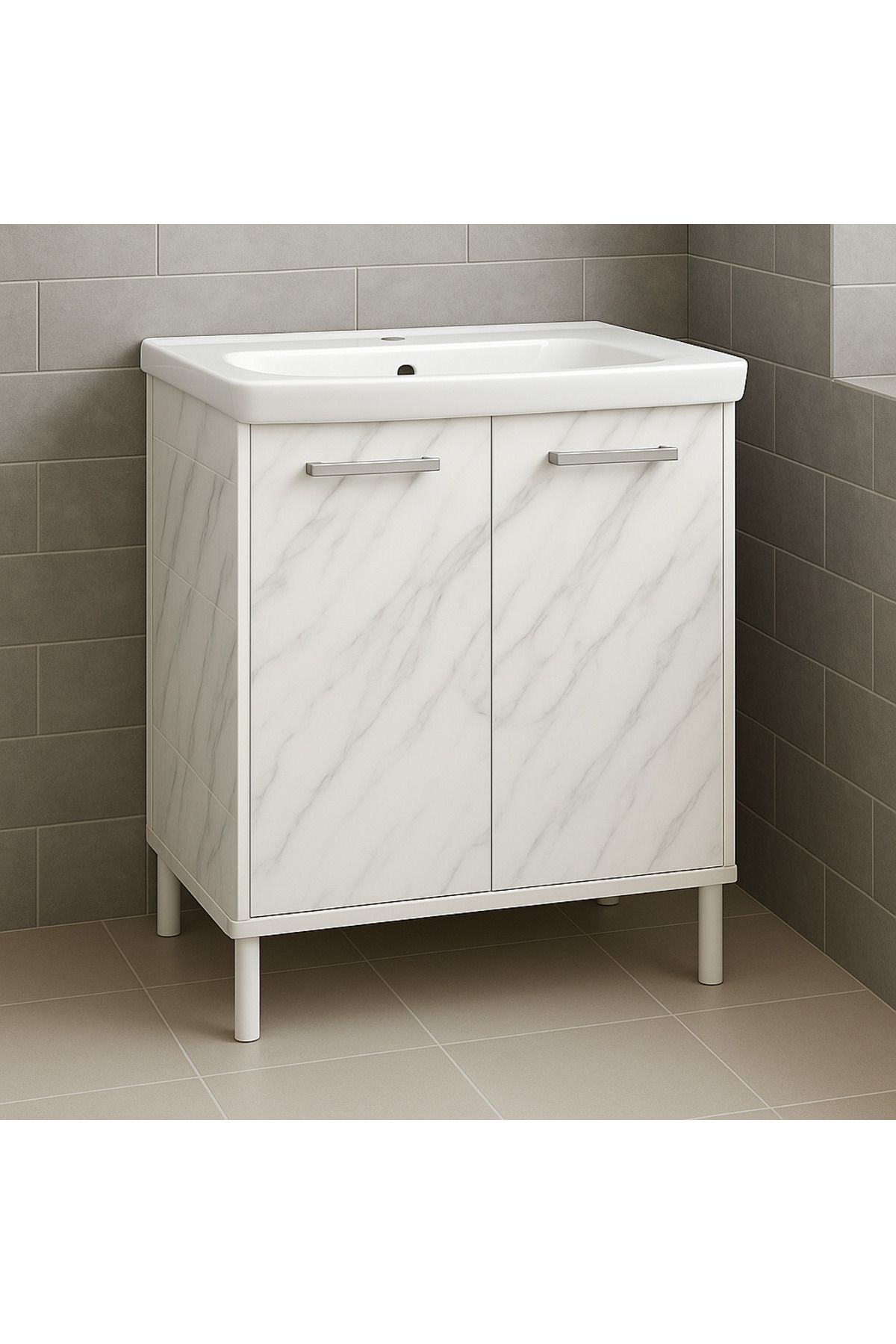 YURKUR MOBİLYA Şık Beyaz Siyah Mermer Desenli Banyo Alt Dolabı Ayaklı Lavabo Dolabı Raflı, Çift Kapaklı