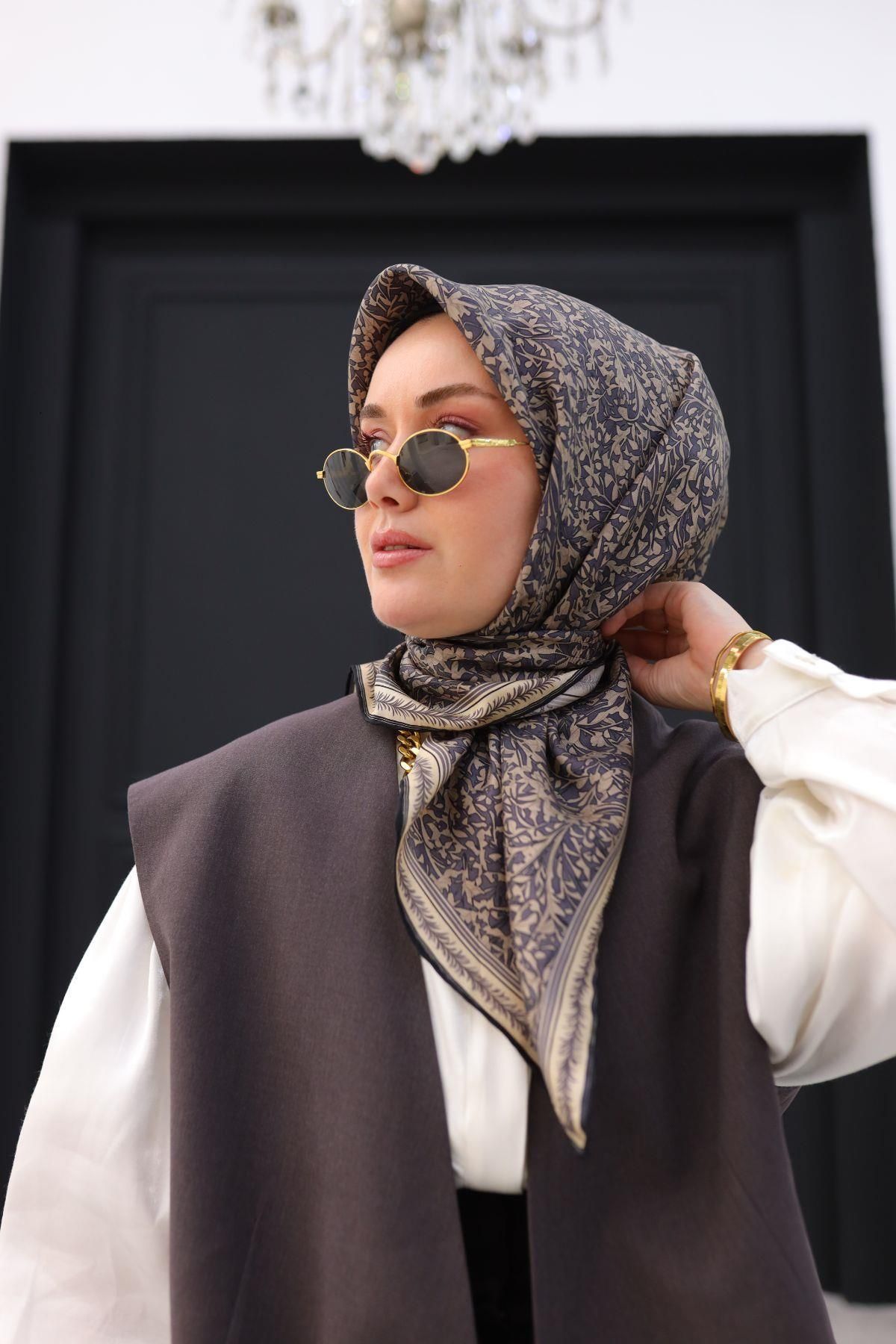 Silk Home Antrasit Vizon Yaprak Desen Saf İpek Tivil Dokuma Eşarp-11459-01-KVS0705
