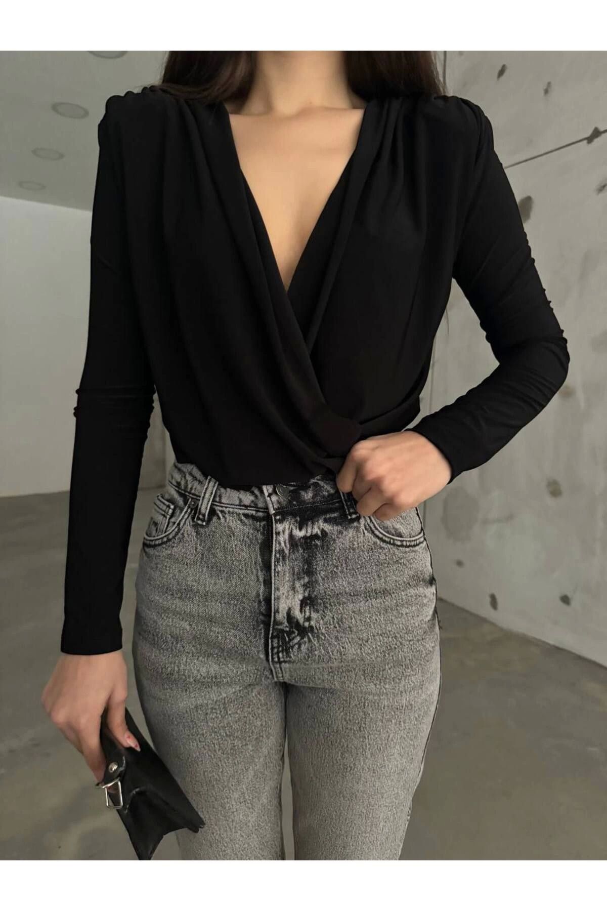 POLEXP Siyah Kruvaze Yaka Vatkalı Bodysuit