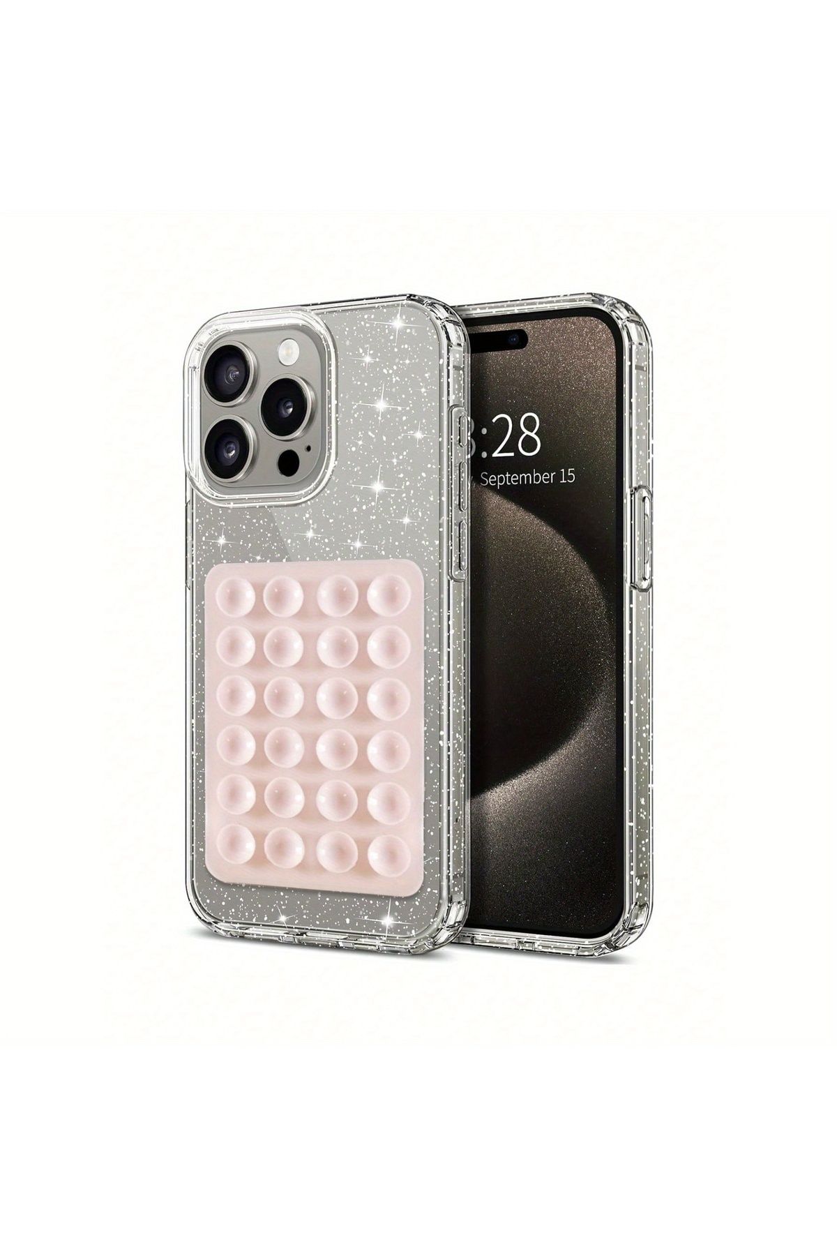 EDELFU iPhone 15 PRO için UYUMLU Simli Sert Sararmaz Şeffaf Kılıf, Telefon Tutacağı Vakum ve ince Kapak