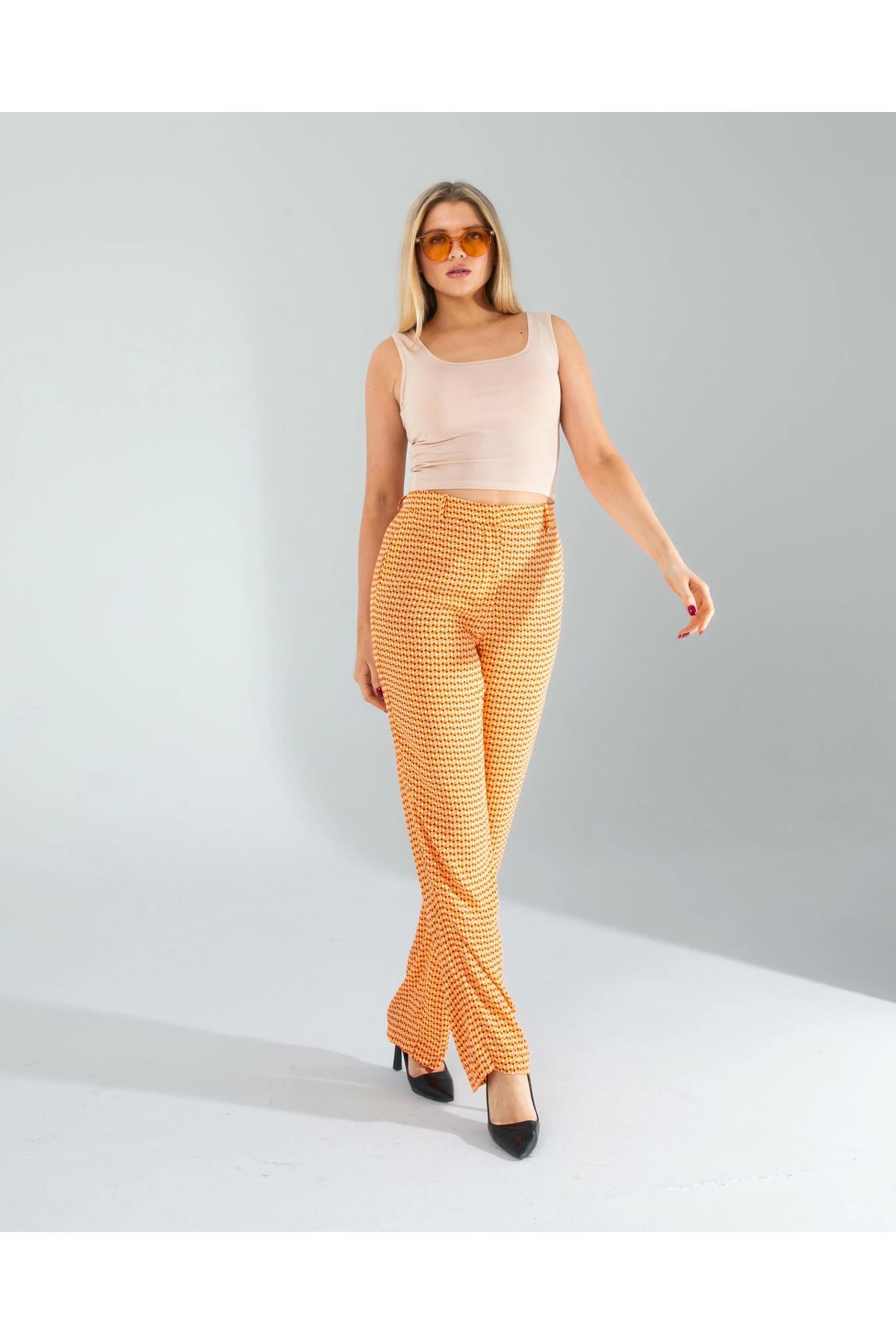 POLEXP Retro Desen Cepli Turuncu Pantolon