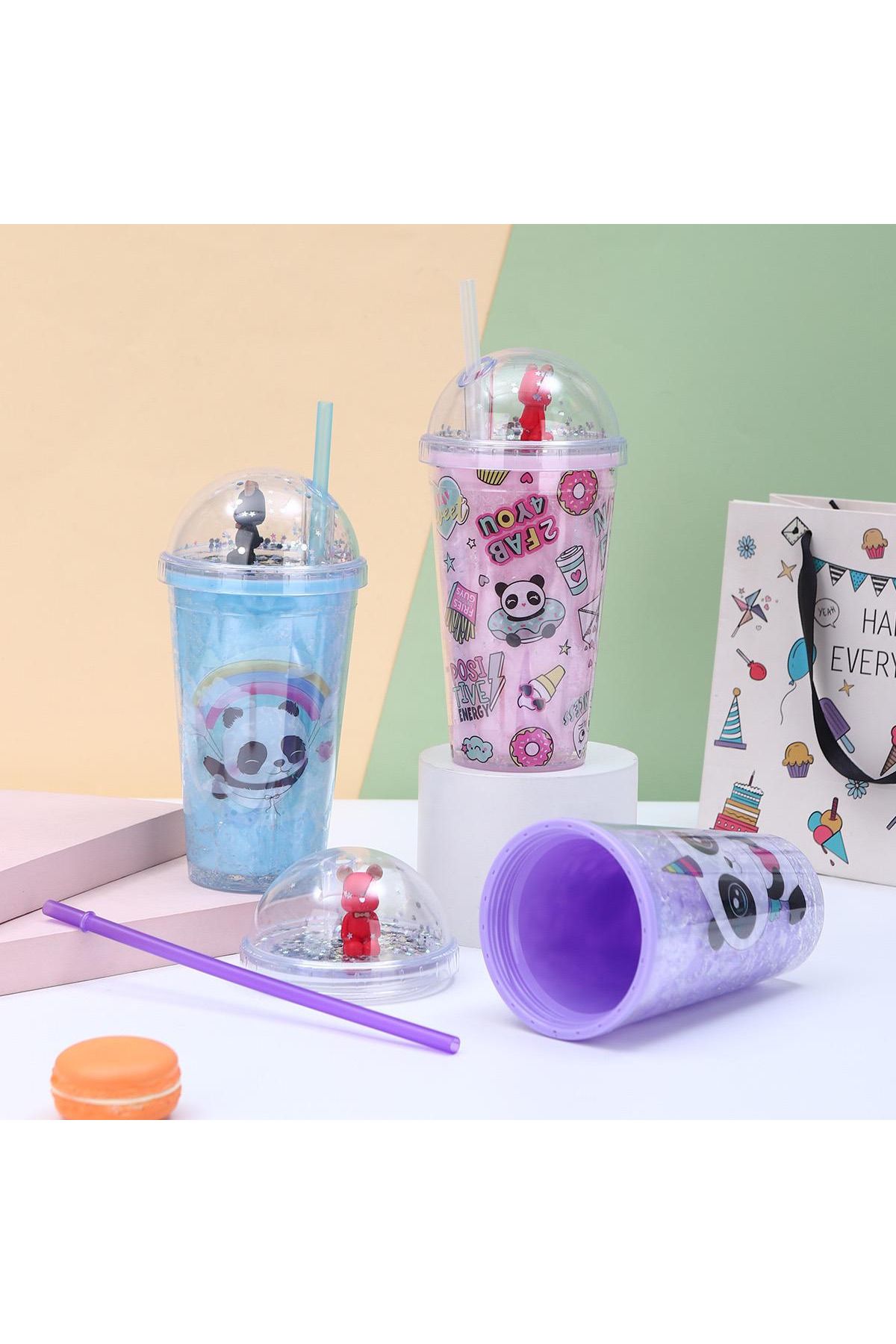 Honney Boutique Led 3D Renkli Işıklı Mika Suluk Matara Pipetli Su Şişesi Kokteyl Bardağı Işıklı Figürlü